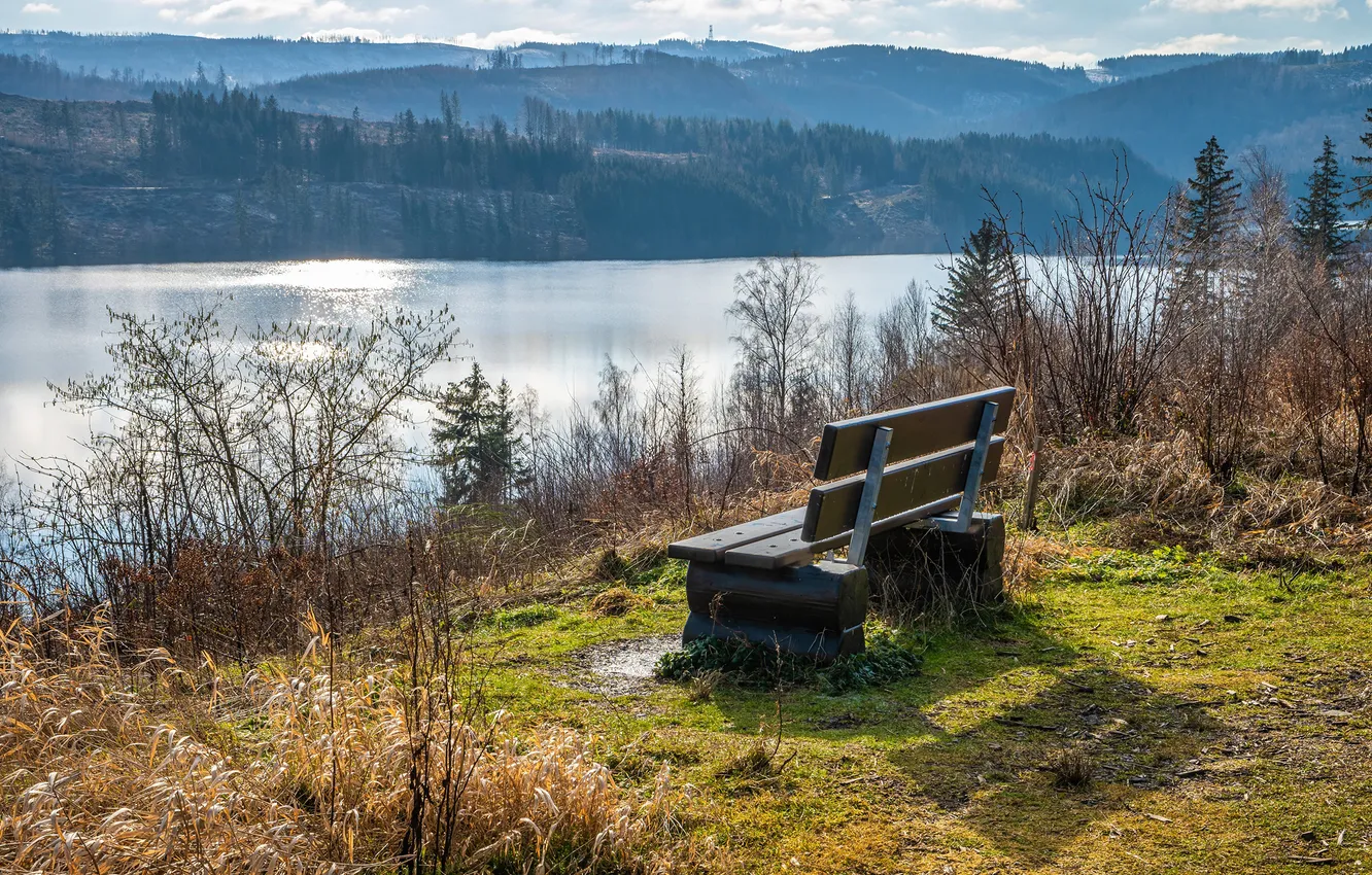 Photo wallpaper mountains, bench, nature, river, Germany, Resin