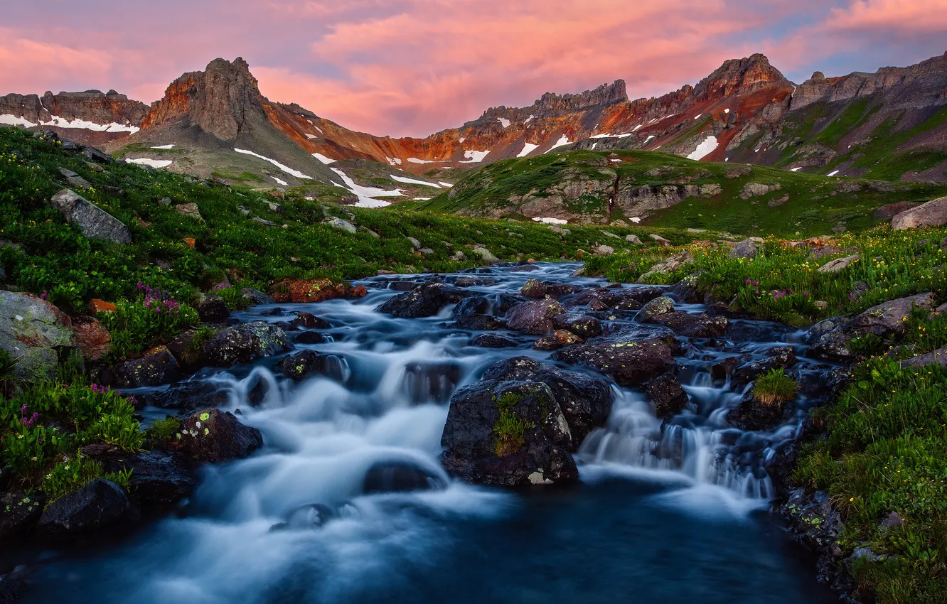 Photo wallpaper clouds, snow, mountains, river, stones, rocks, shore, waterfall
