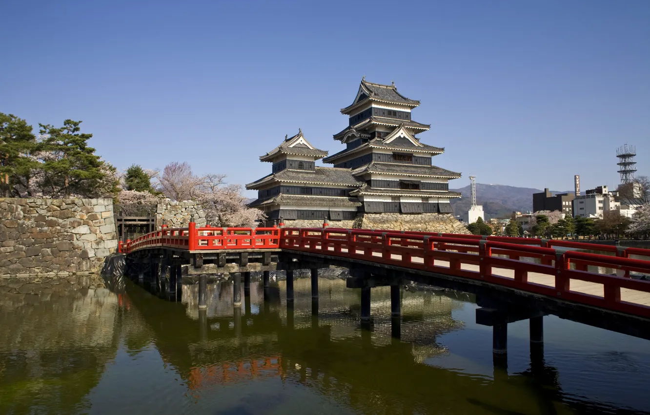 Photo wallpaper bridge, Japan, Nagano, Matsumoto Castle