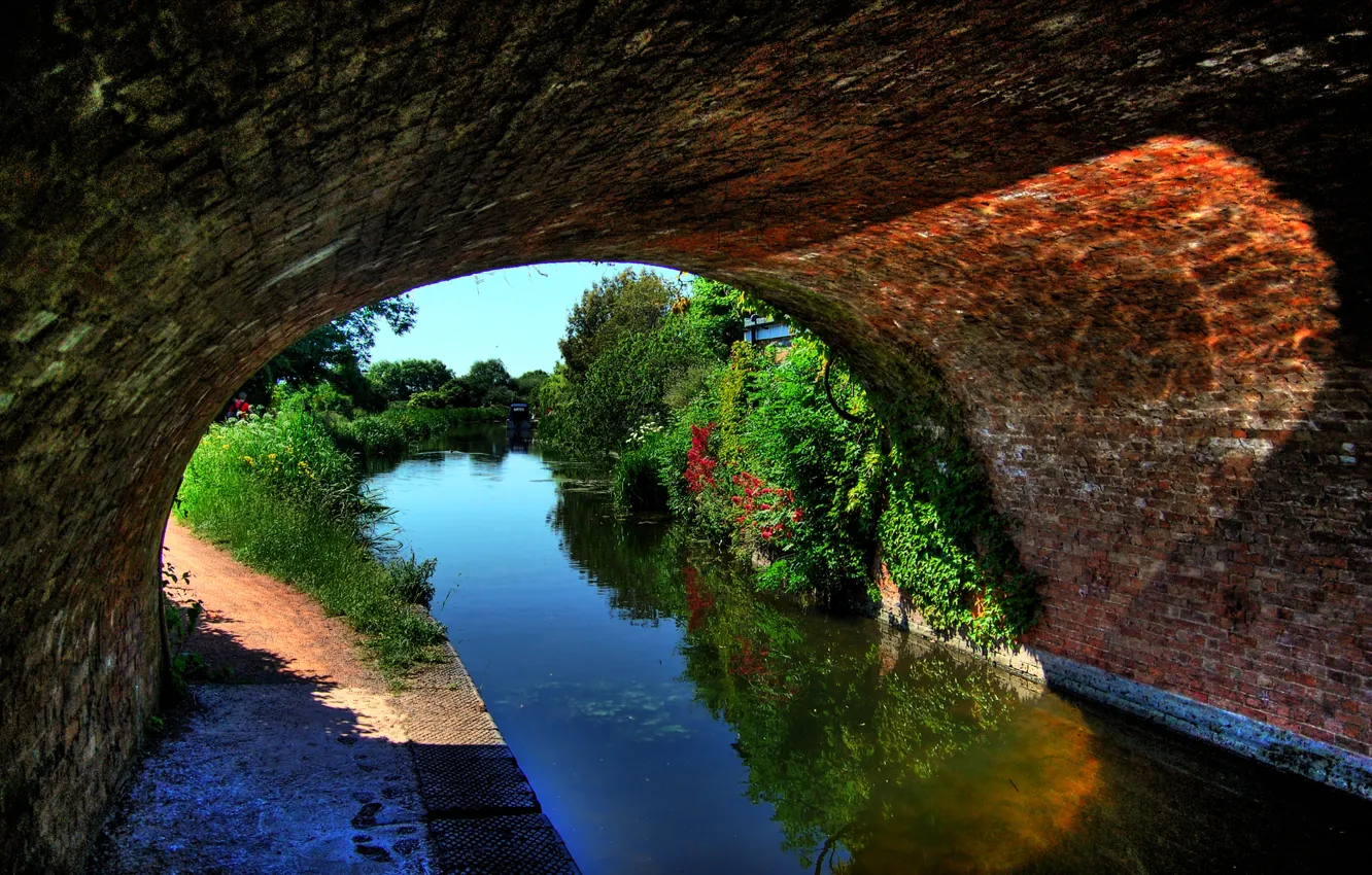 Photo wallpaper water, trees, flowers, bridge, channel, arch