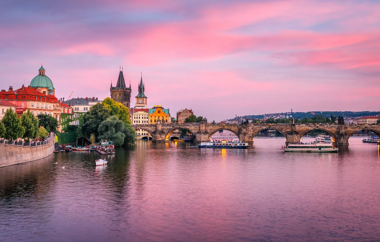 Photo wallpaper sunset, Prague, Czech Republic, Charles bridge, the Vltava river, crimson sky