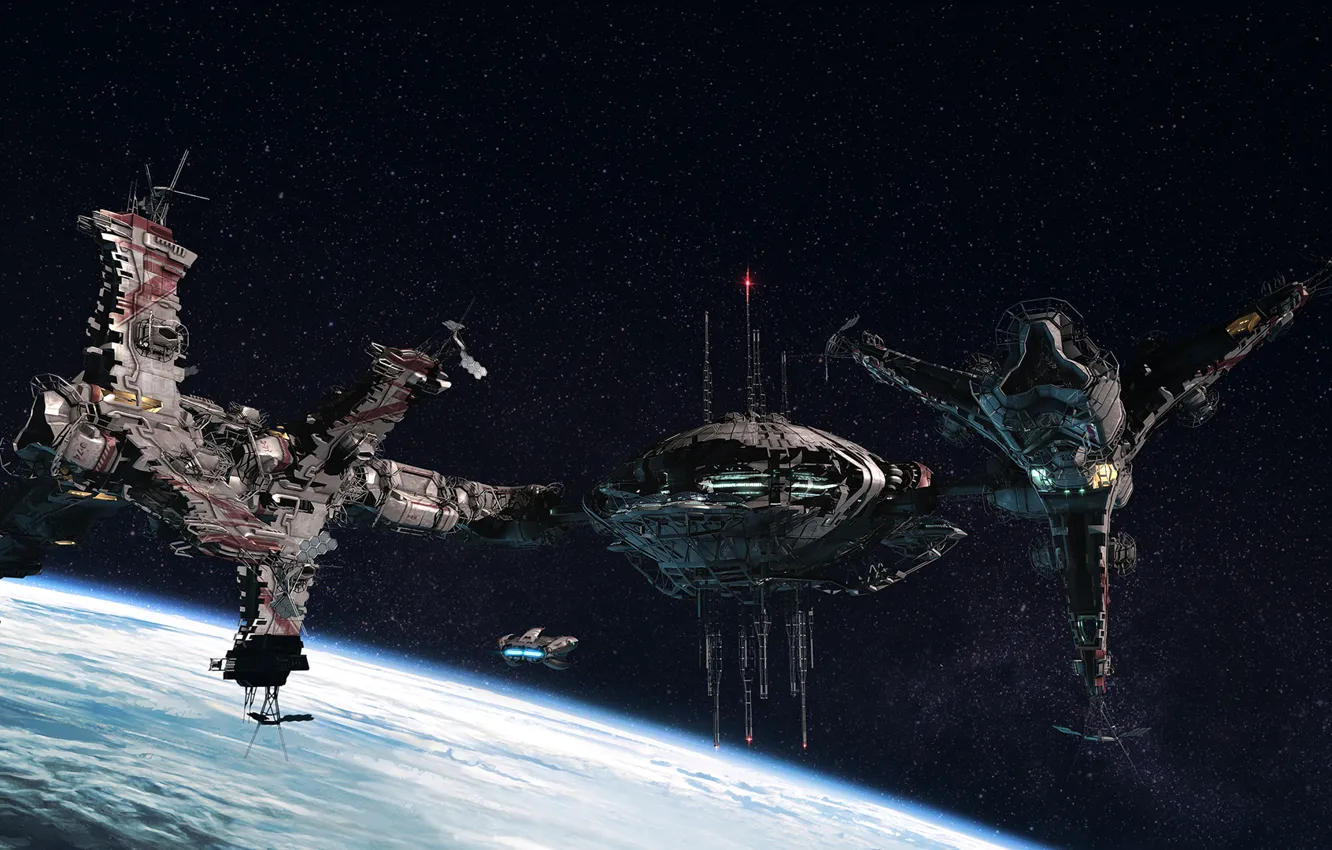 Photo wallpaper stars, surface, space, ship, planet, station