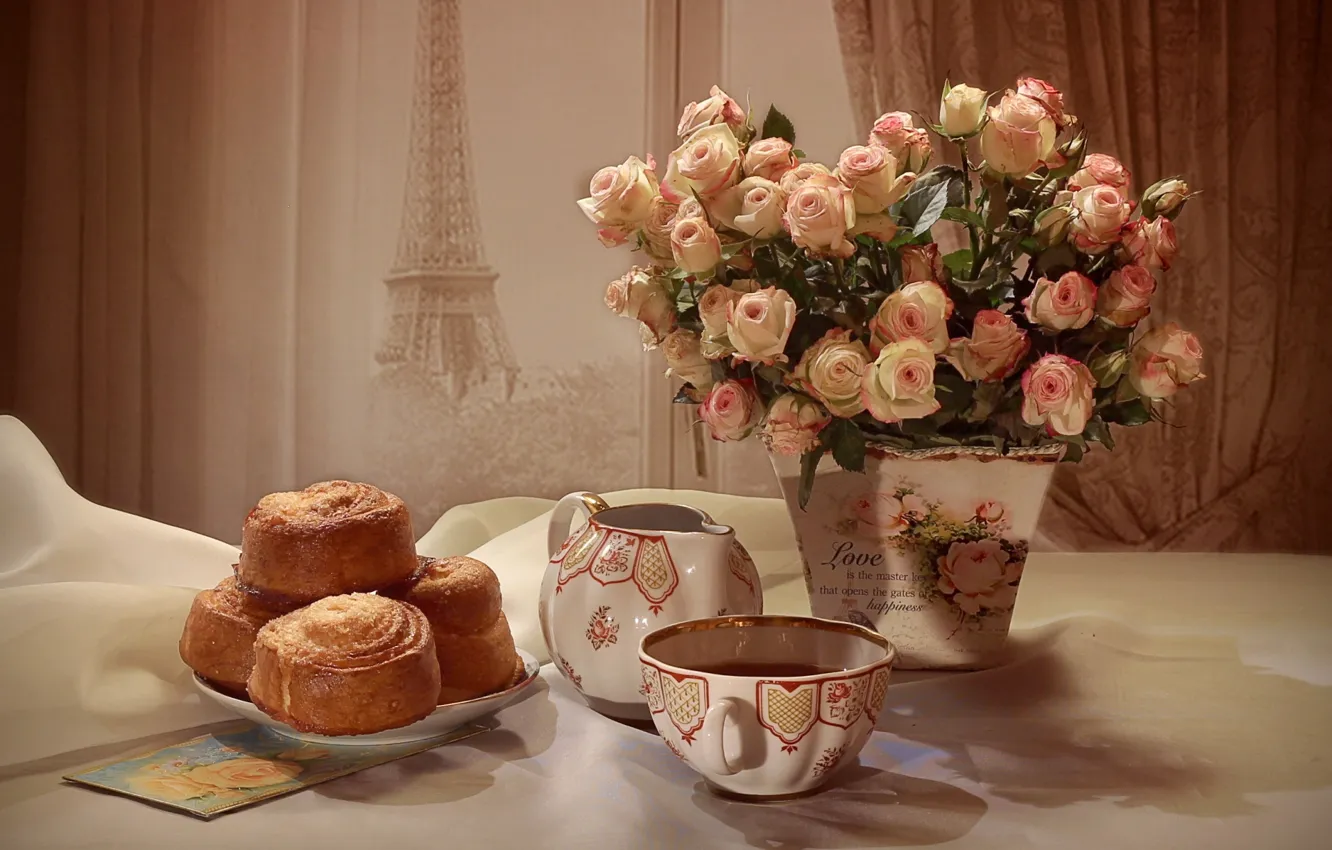 Photo wallpaper tea, roses, bouquet, still life, cakes