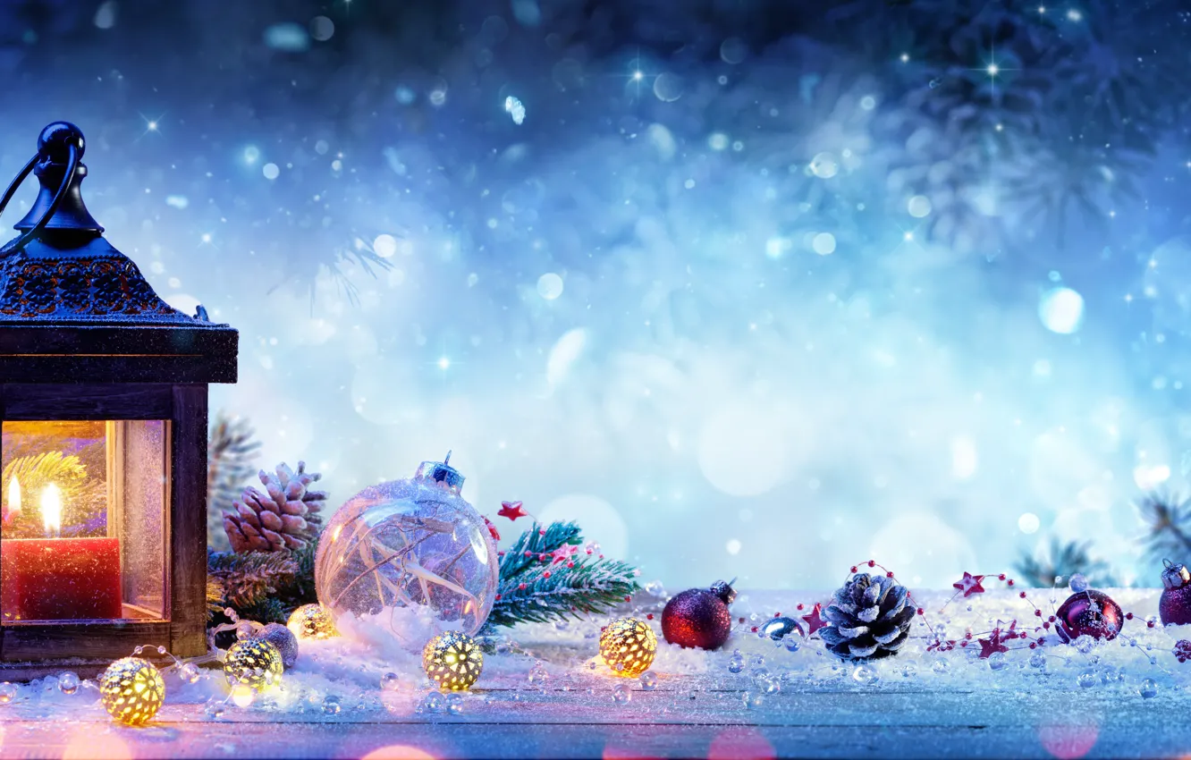 Photo wallpaper snow, branches, holiday, new year, spruce, candles, lights, flashlight