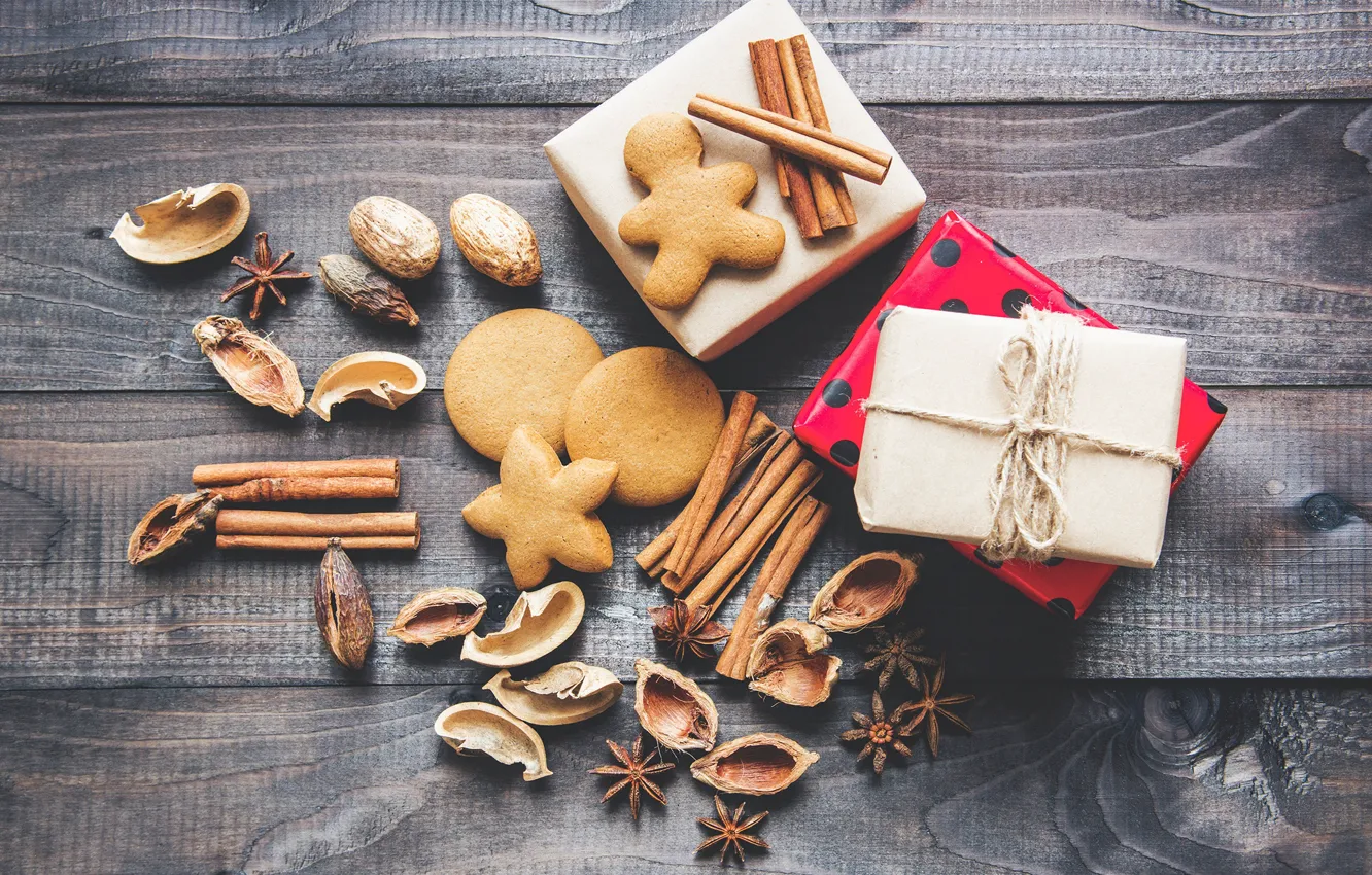 Photo wallpaper new year, cookies, gifts, nuts, cinnamon, cakes