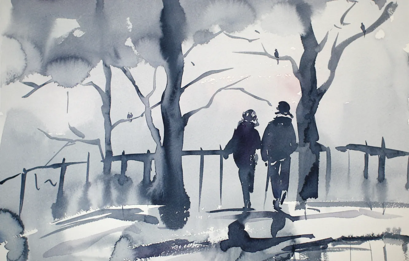 Photo wallpaper trees, watercolor, pair