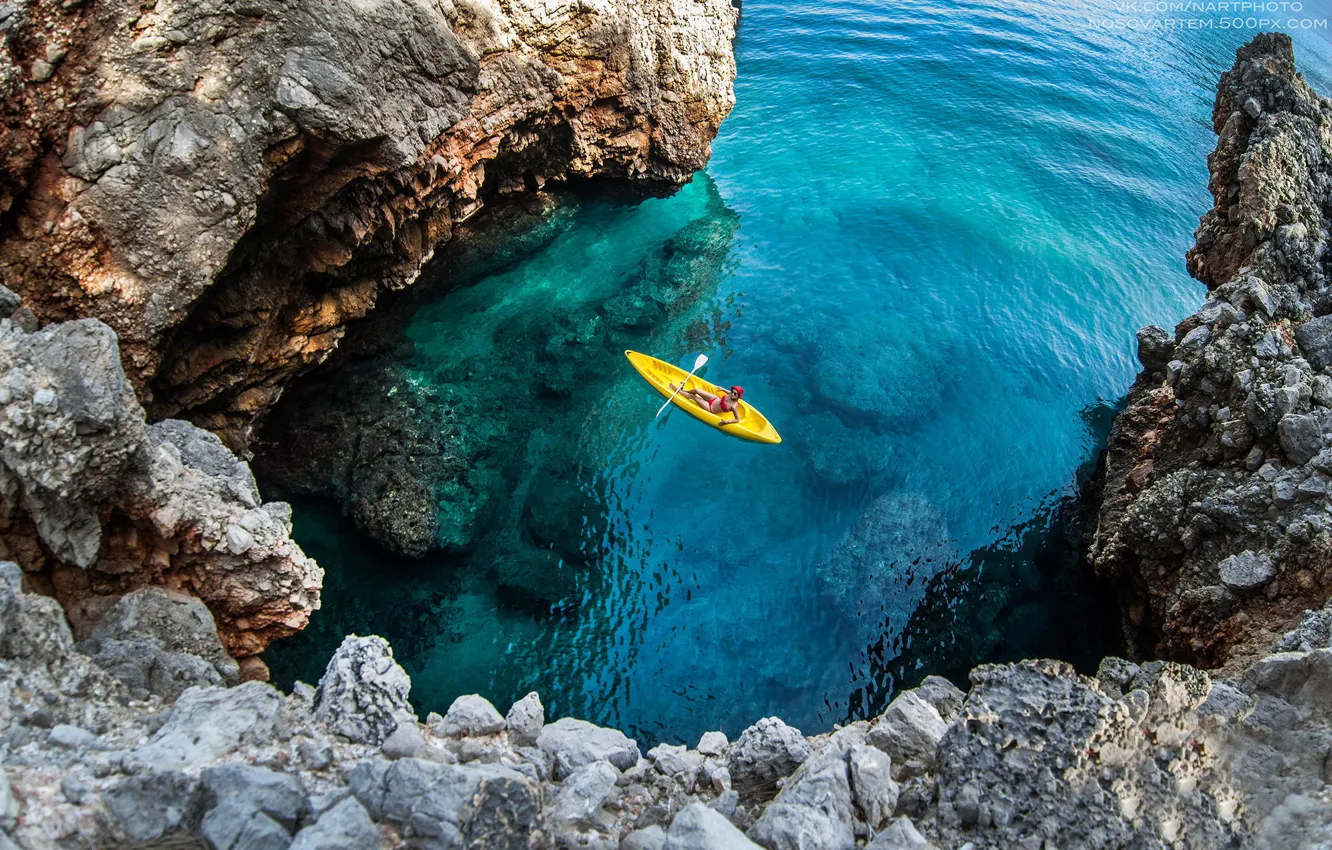 Photo wallpaper girl, landscape, stones, the ocean, rocks, canoe