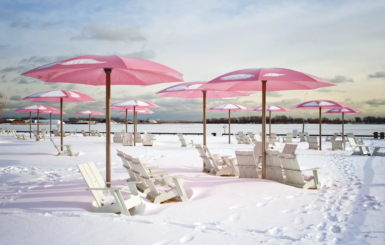 Photo wallpaper winter, beach, snow, chair, umbrella, chaise