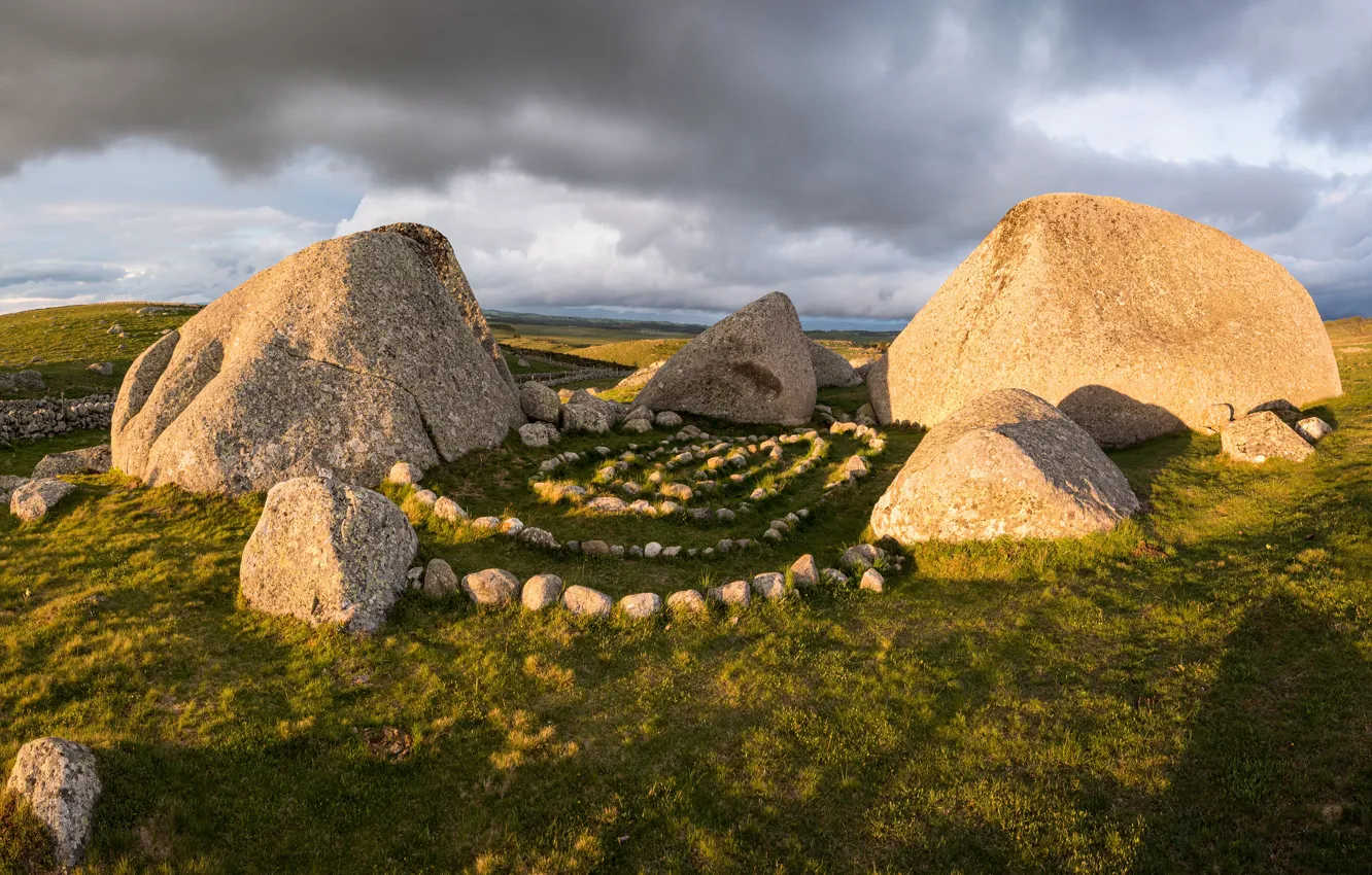 Photo wallpaper field, light, clouds, stones, construction, maze, boulders, Megalit