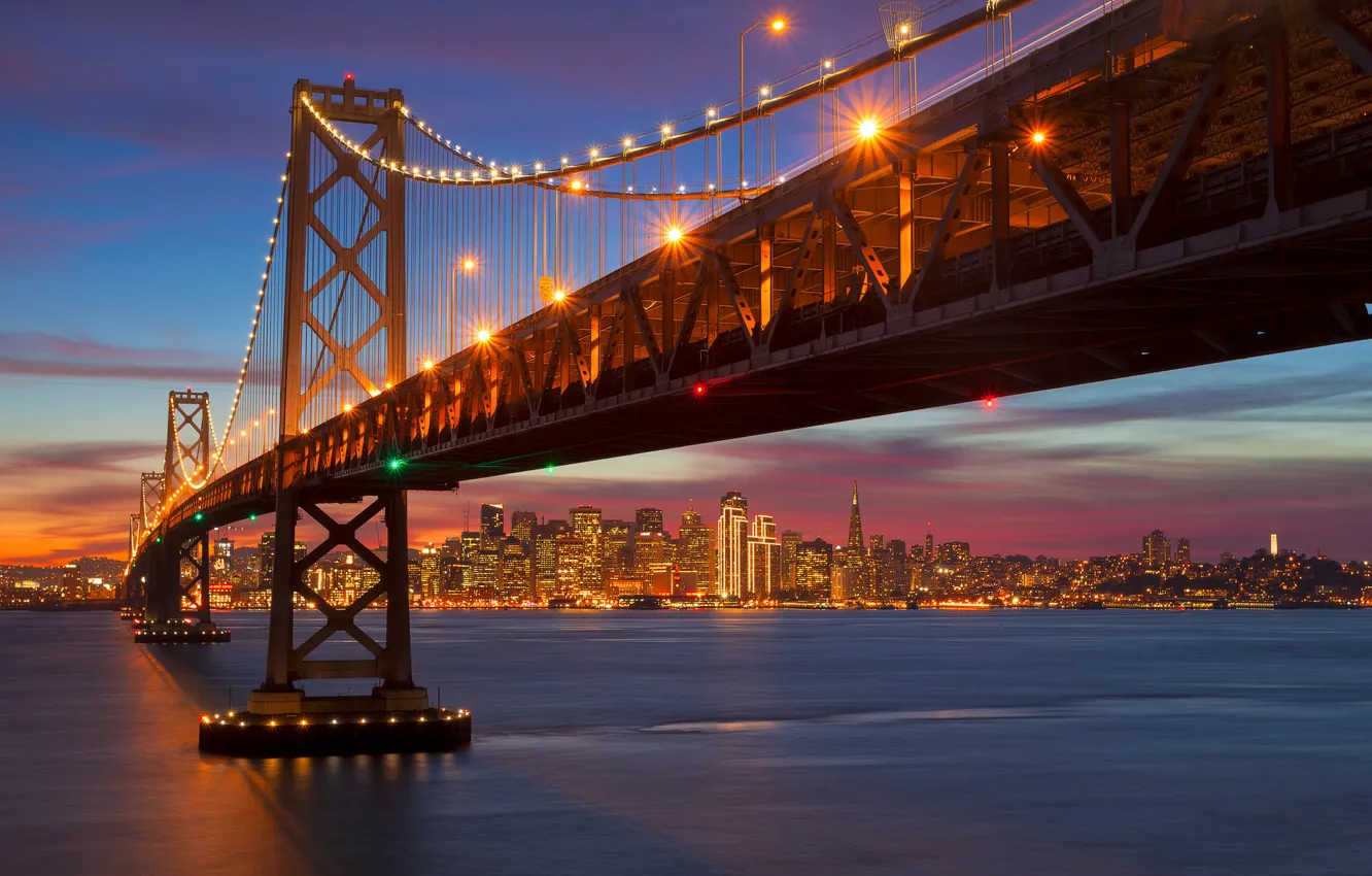 Photo wallpaper night, the city, lights, Strait, the evening, Bay, San Francisco, USA