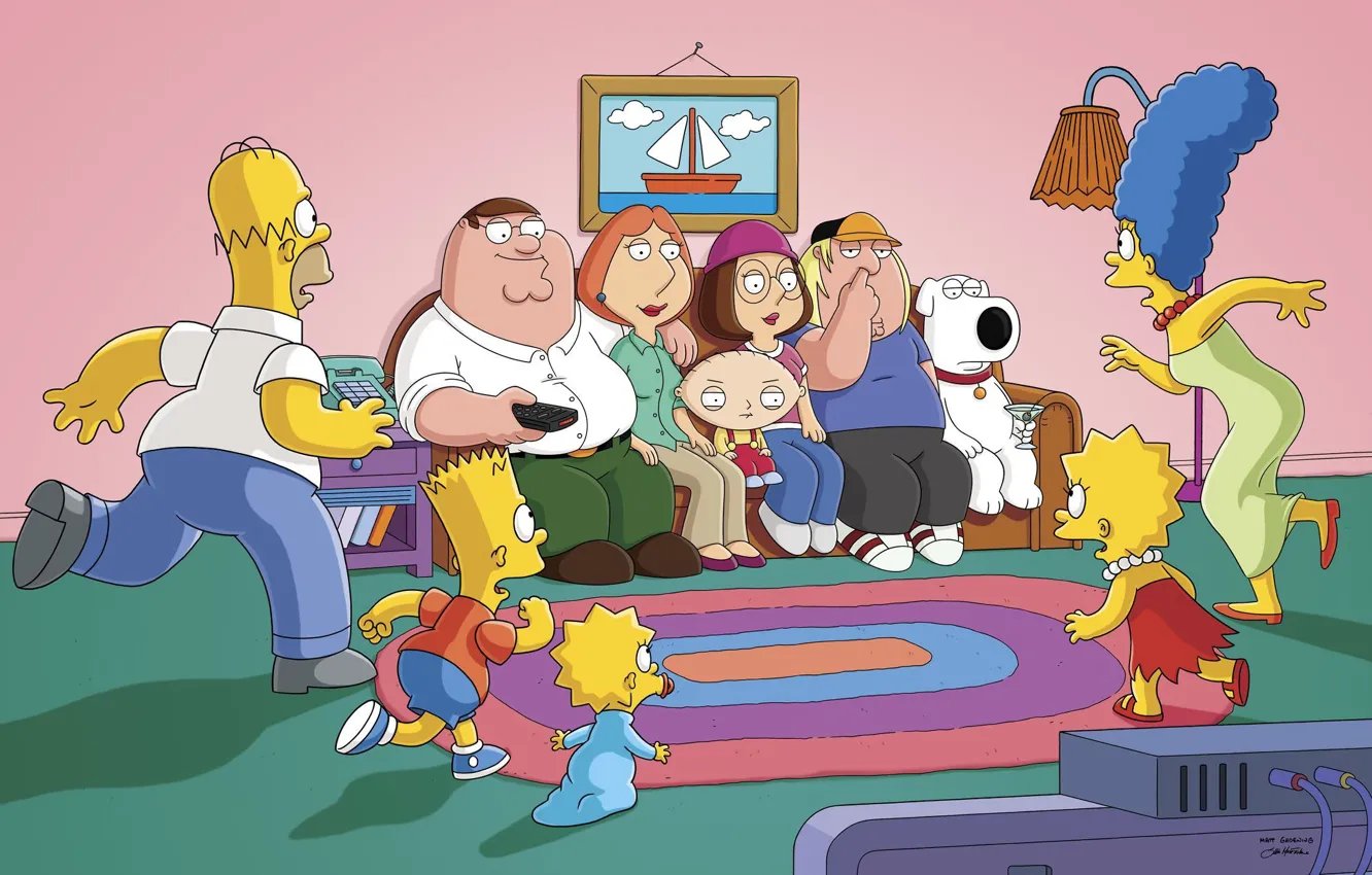 Photo wallpaper The simpsons, Sofa, Peter, Picture, Homer, Maggie, Maggie, Bart