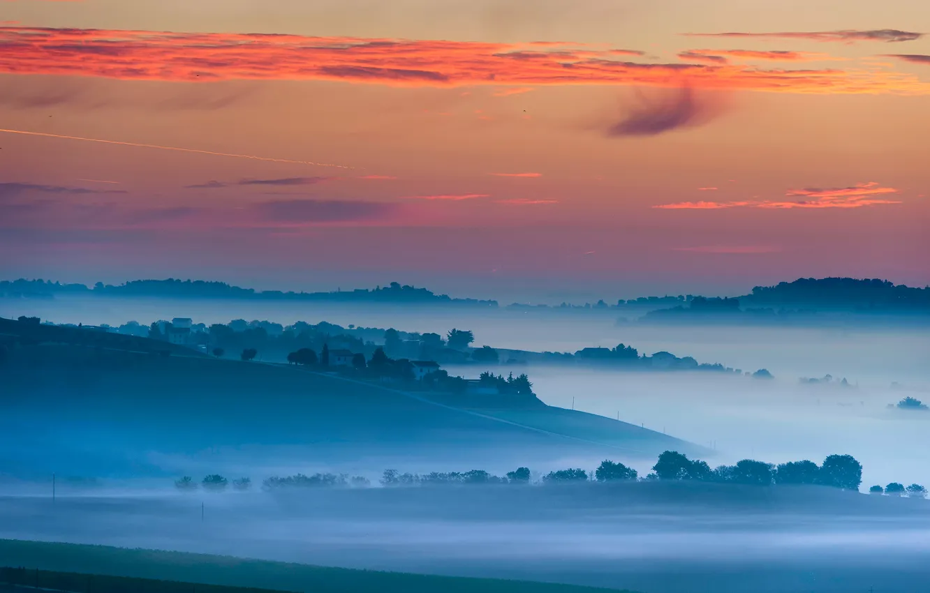 Photo wallpaper the sky, light, fog, morning, village