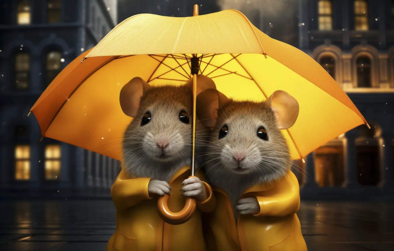 Photo wallpaper road, drops, yellow, the city, lights, umbrella, fantasy, rain