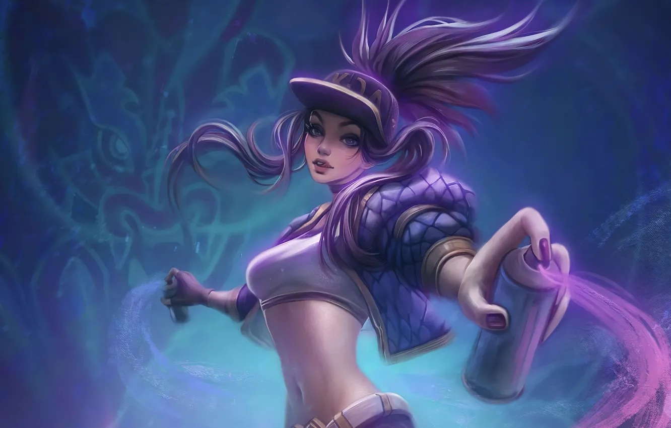 Photo wallpaper sexy, the game, top, long hair, Akali, League of legends, spray paint, League Of Legends