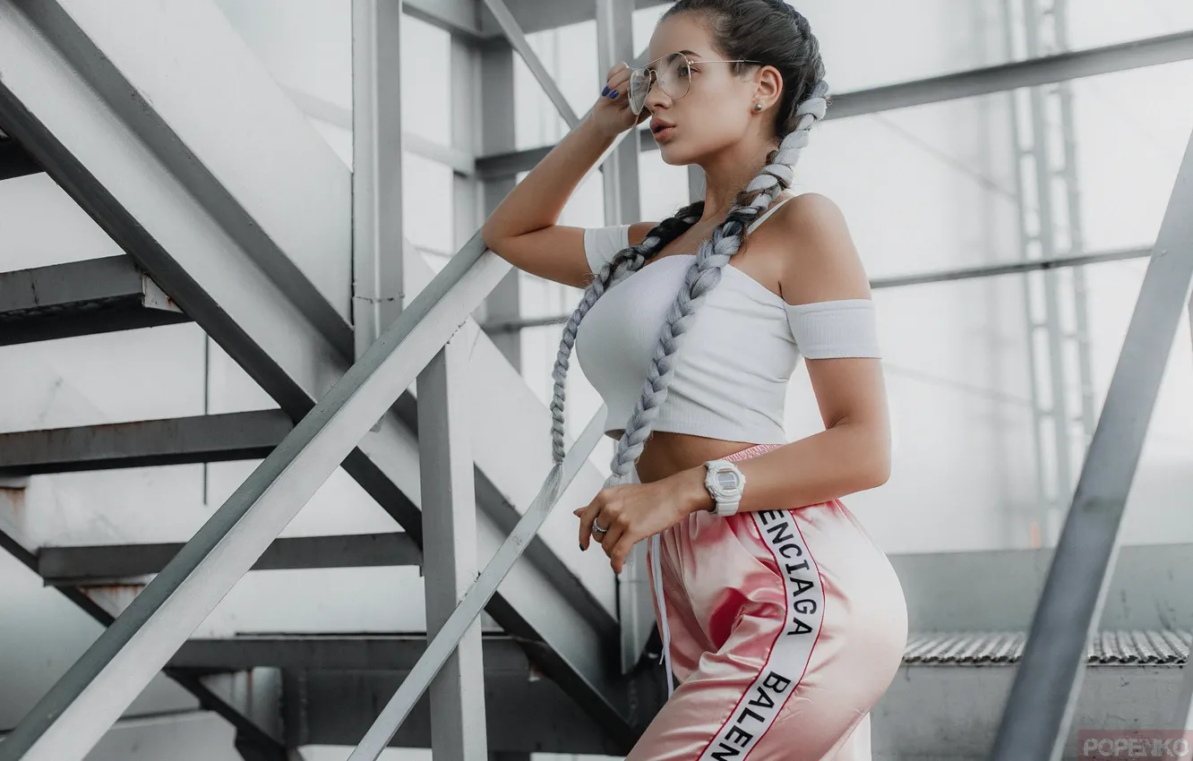 Photo wallpaper girl, pose, watch, glasses, ladder, braid, Andrey Popenko