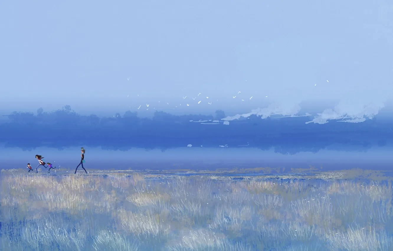 Photo wallpaper river, bird, family, art, running, walk, painted landscape