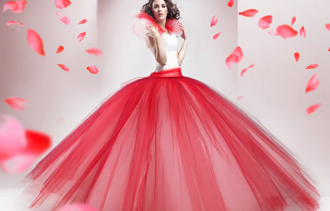 Photo wallpaper look, girl, skirt, petals, brown hair, curls