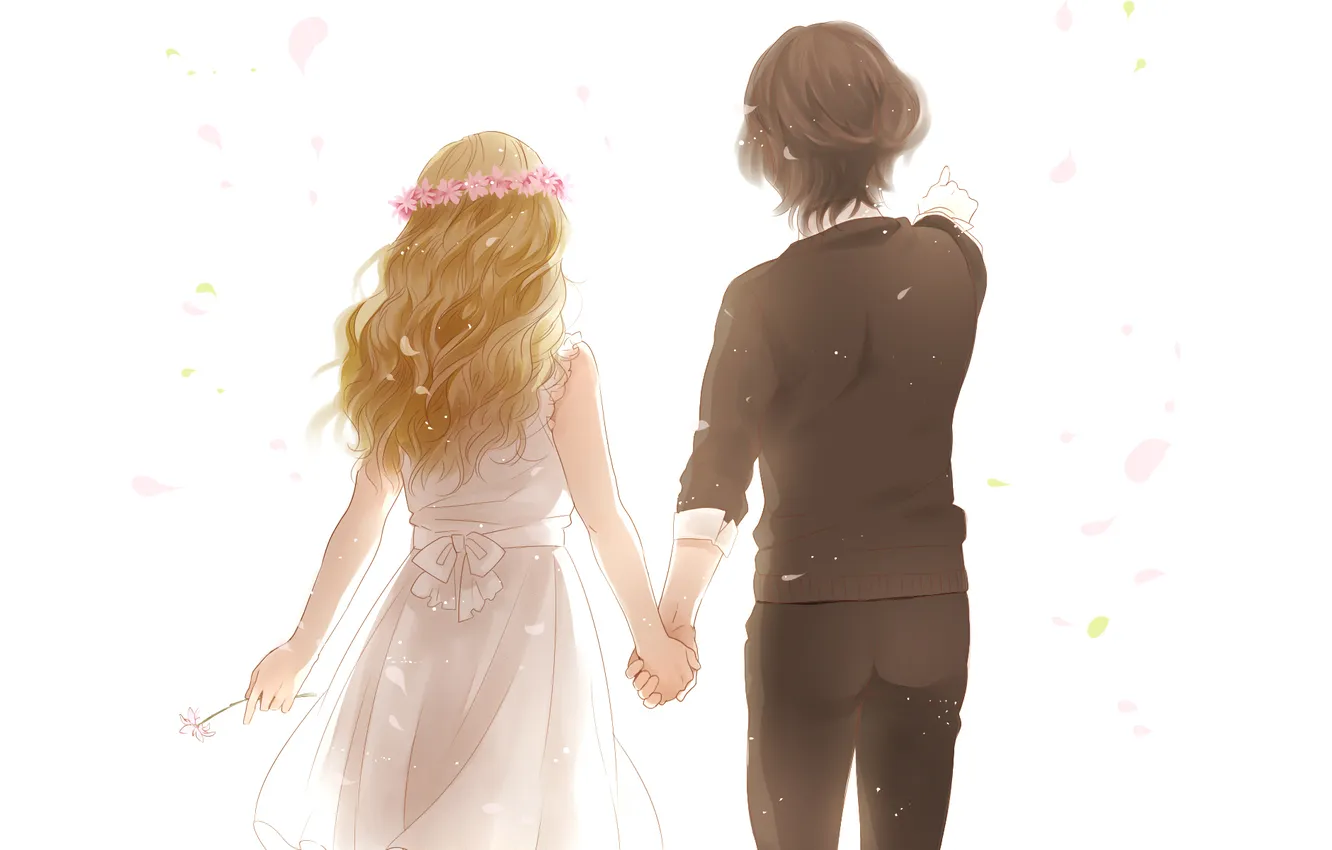 Photo wallpaper flowers, boy, petals, girl, bow, wreath