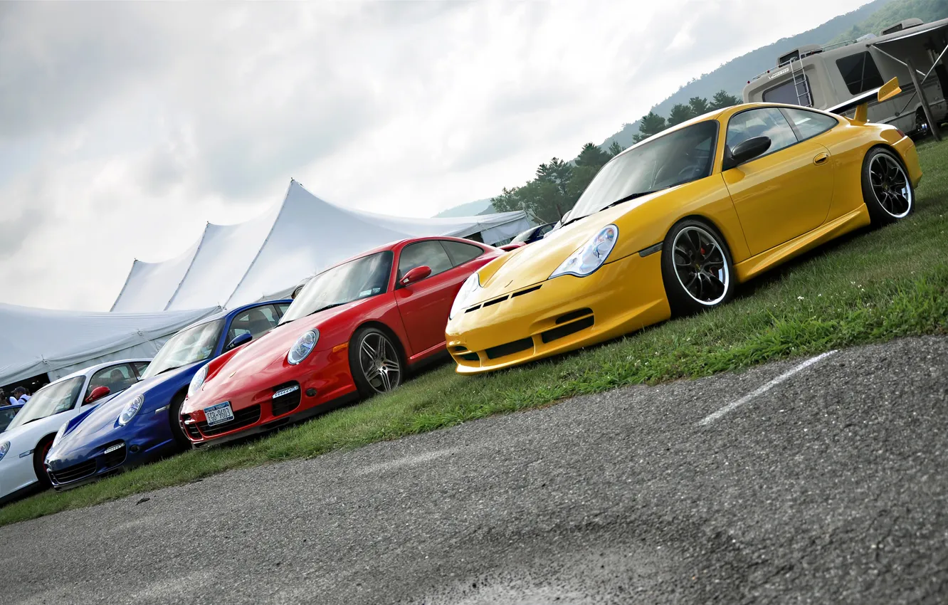 Photo wallpaper white, blue, yellow, red, color, Porsche, tent, exhibition