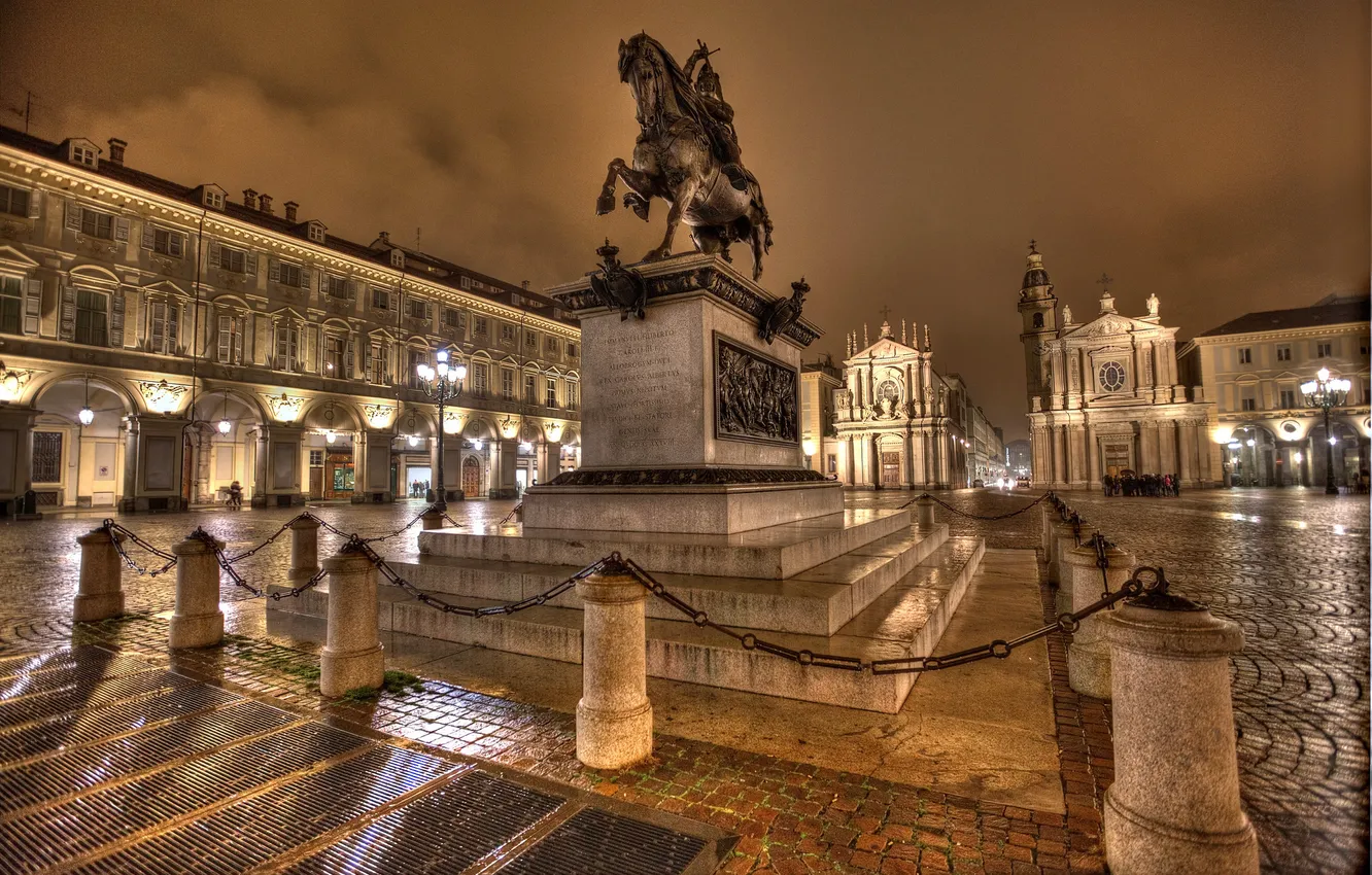 Photo wallpaper night, lights, home, area, Italy, monument, Turin, Piazza San Carlo