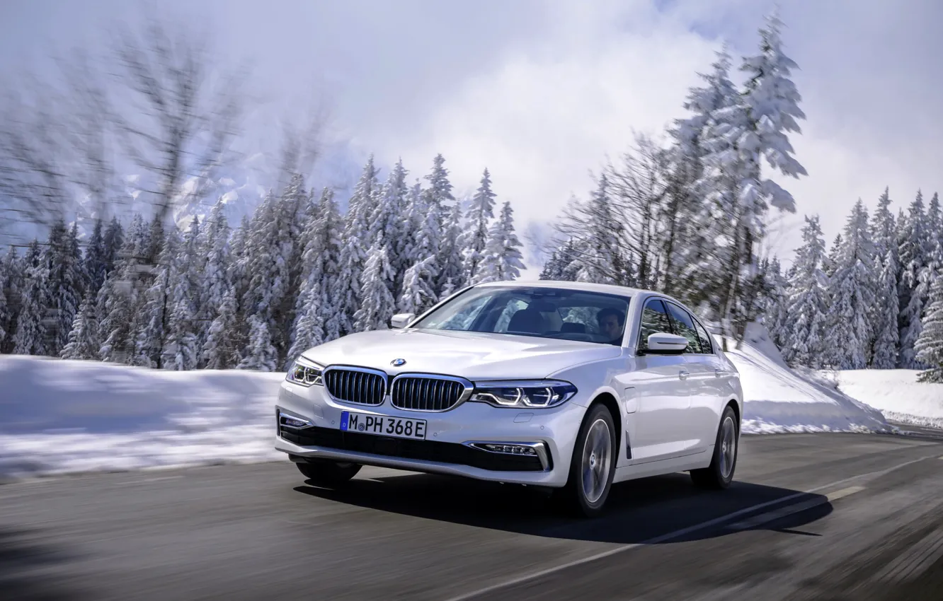 Photo wallpaper white, snow, trees, BMW, sedan, hybrid, 5, four-door