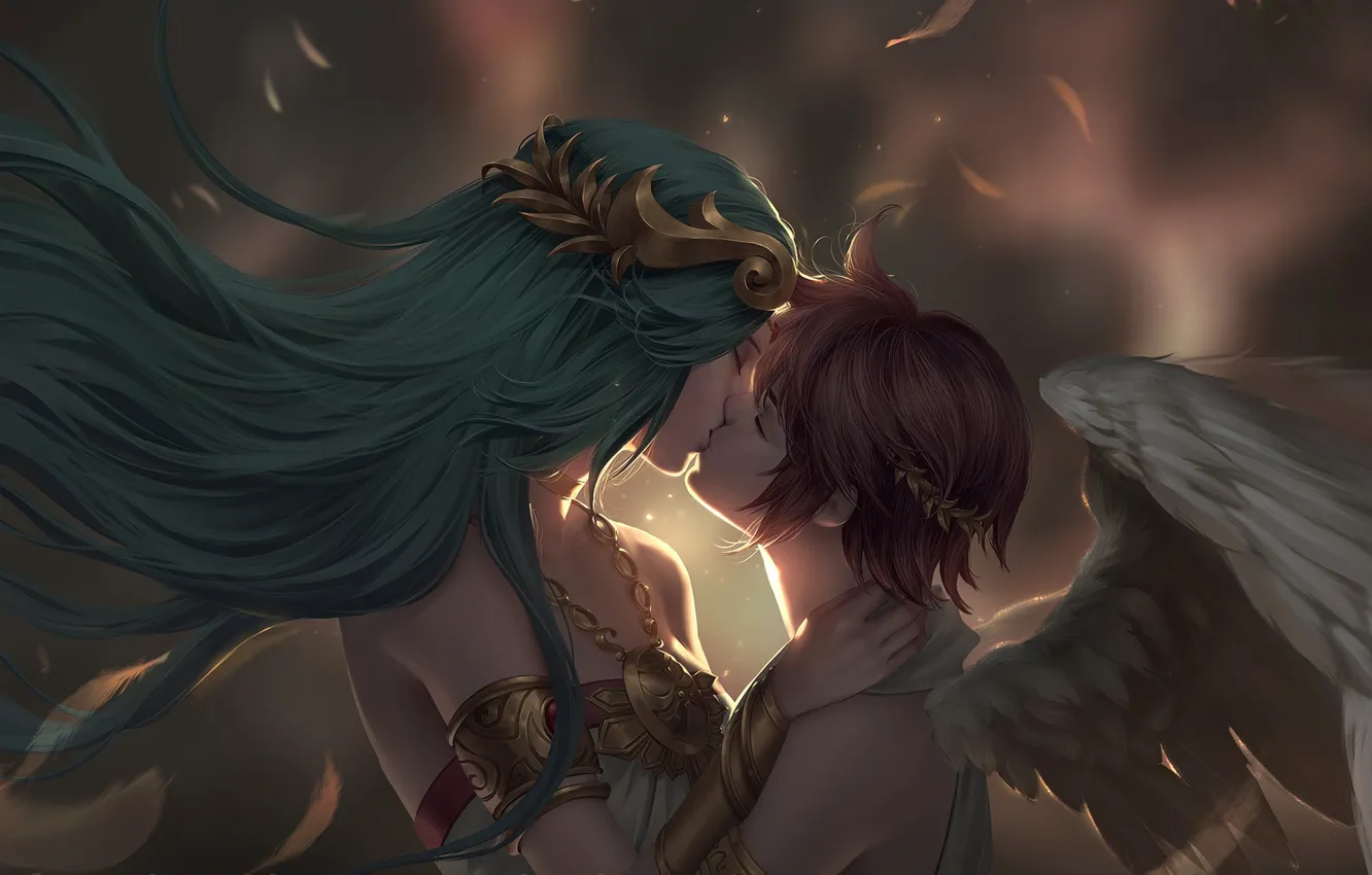 Photo wallpaper meeting, kiss, angel, pair, fantasy, date, Chuby Mi, Commission - Palutena and Pit