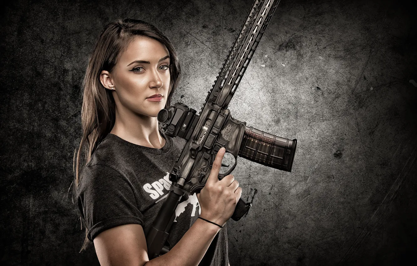 Photo wallpaper look, girl, weapons, background