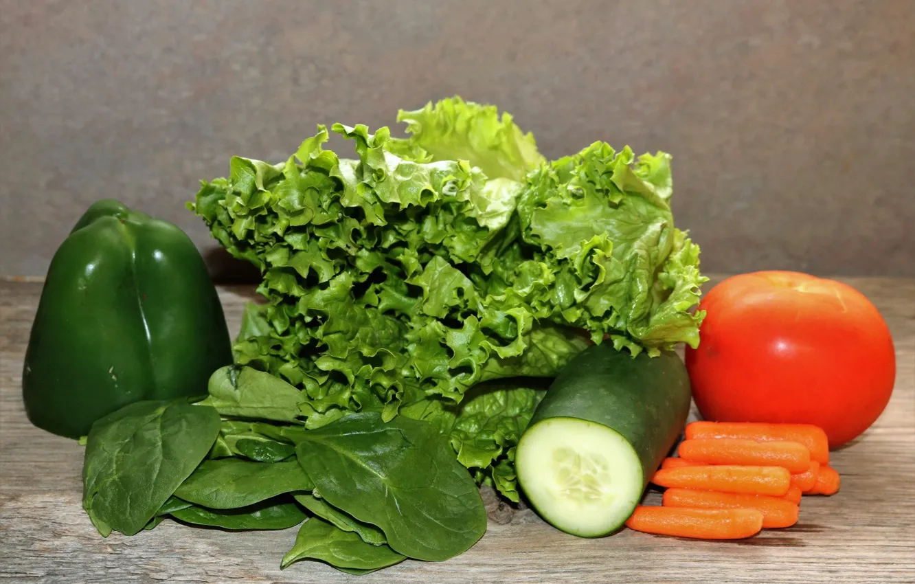 Photo wallpaper greens, food, cucumber, vegetables, tomato, carrots, salad