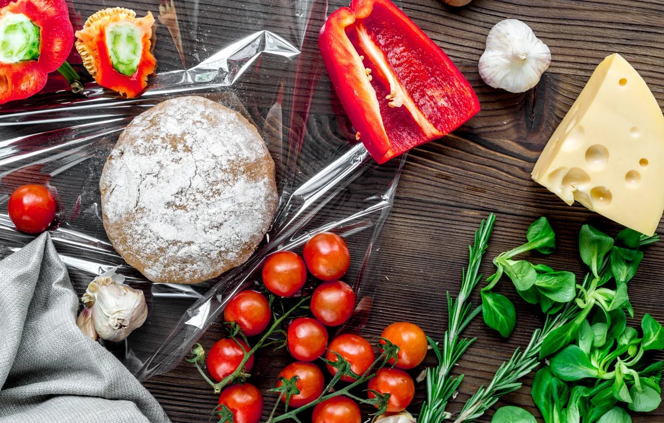 Photo wallpaper greens, mushrooms, cheese, tomato, garlic, the dough, billet