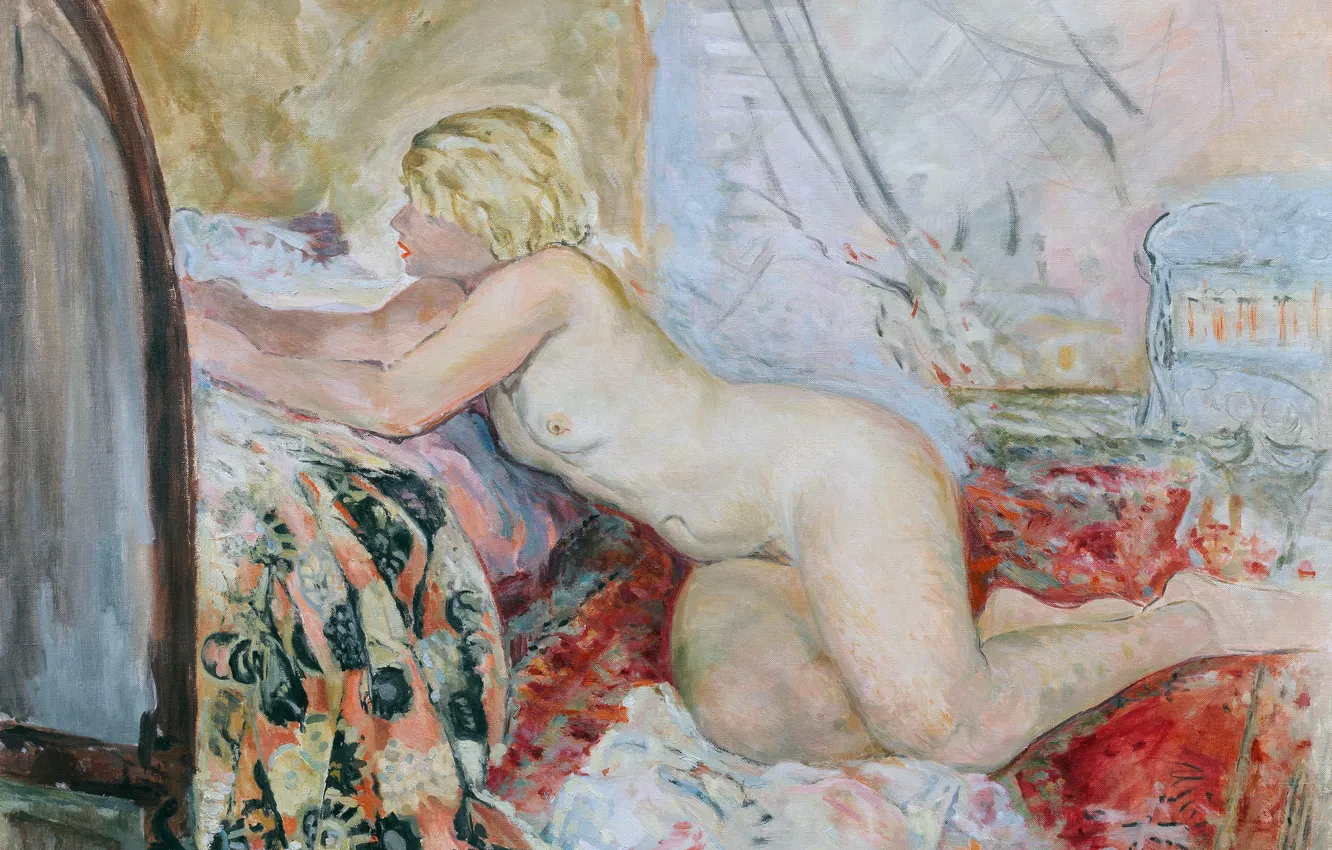 Photo wallpaper girl, bed, picture, naked, French artist, Henri Lebasque, Henri Lebacq, Naked lying on the bed