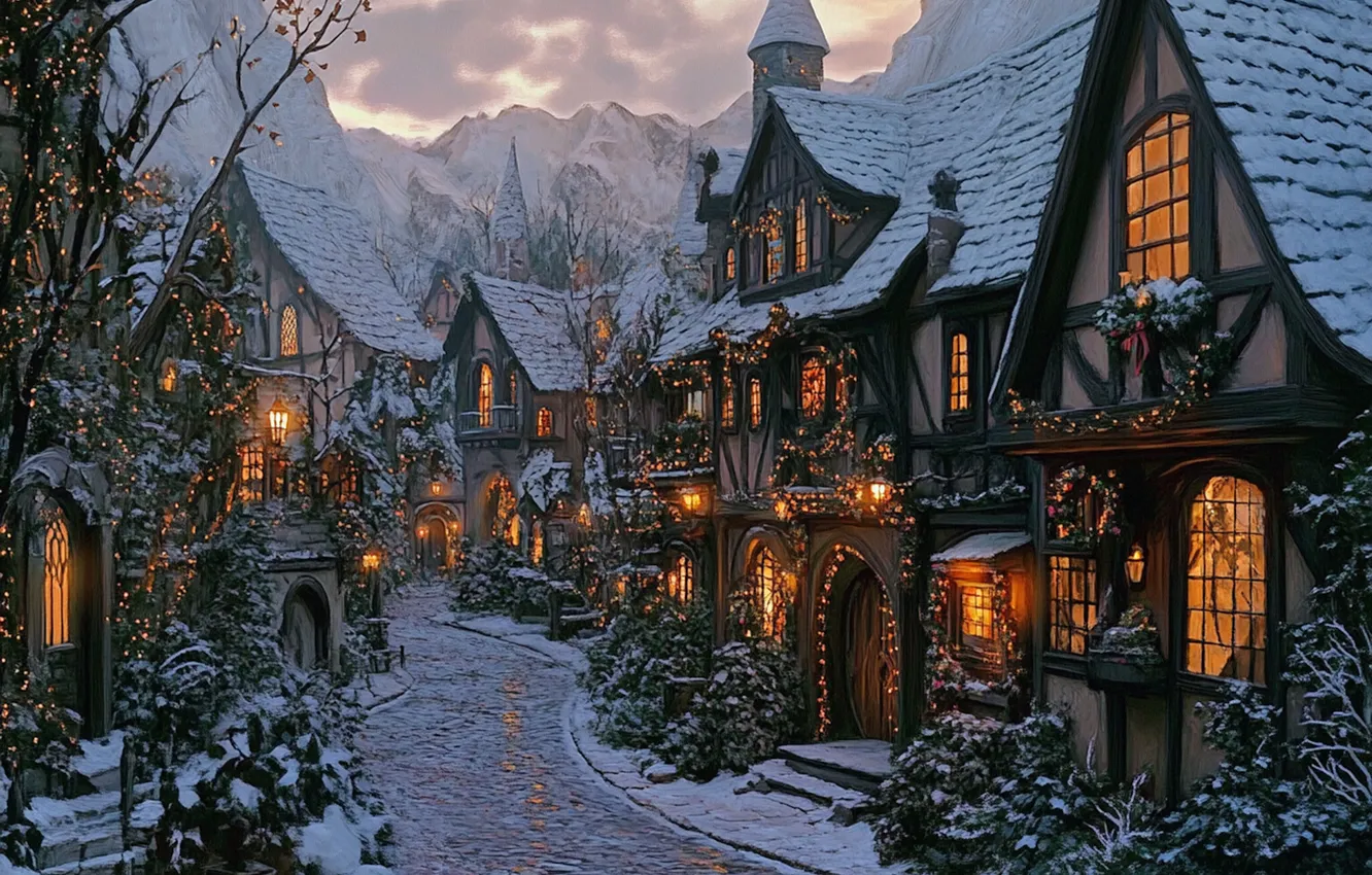 Photo wallpaper winter, frost, snow, mountains, the city, street, new year, home