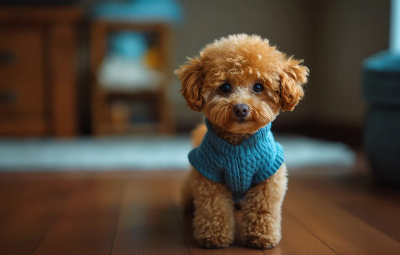Photo wallpaper look, pose, room, portrait, dog, floor, puppy, blouse