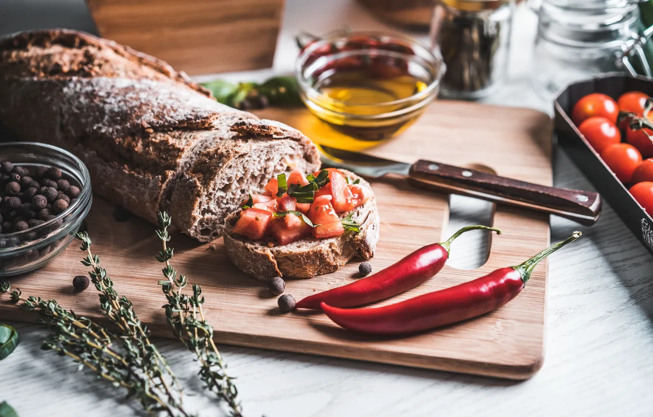 Photo wallpaper bread, Board, pepper, sandwich, vegetables, tomatoes, spices