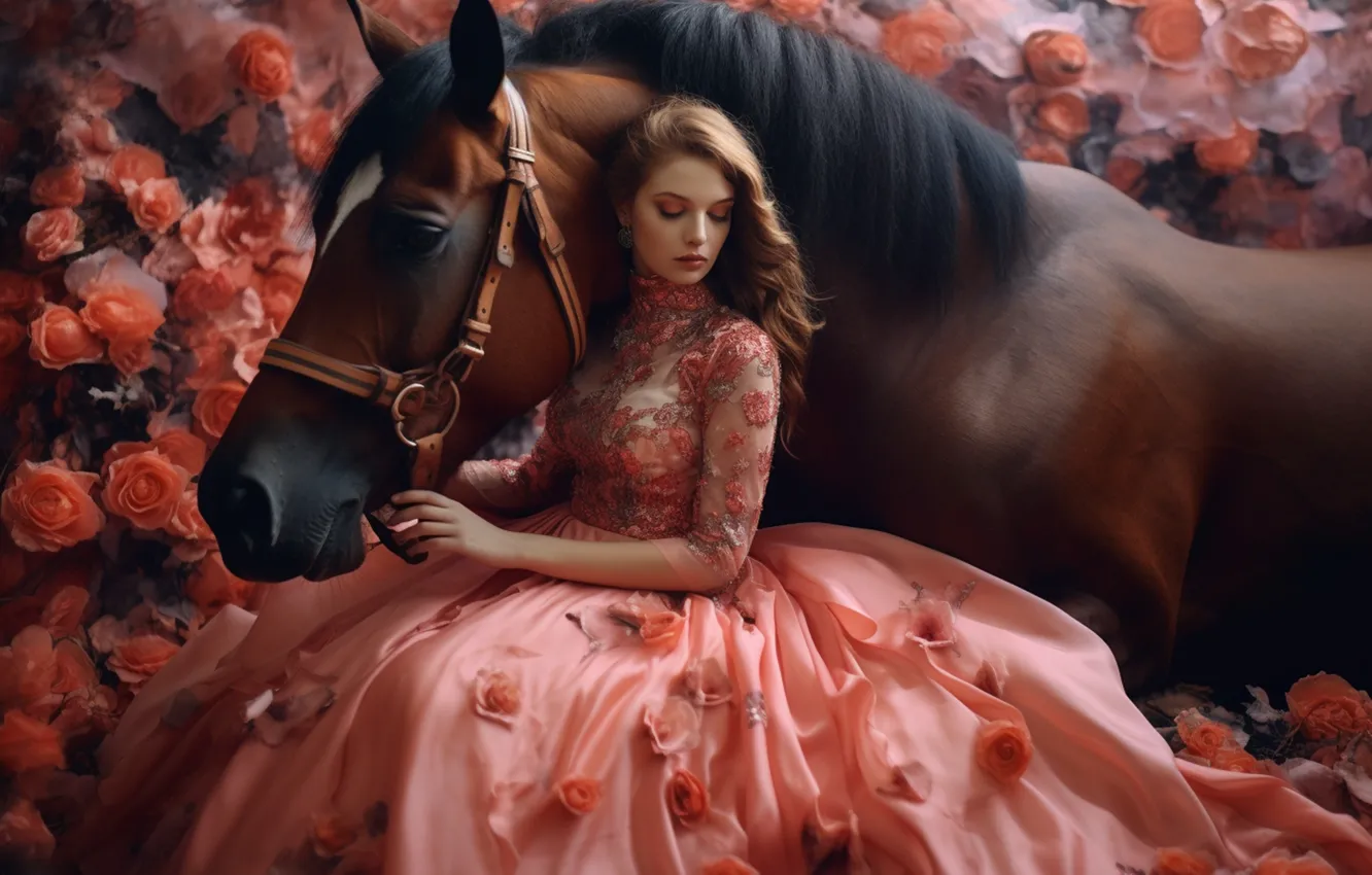 Photo wallpaper girl, flowers, pose, horse, horse, roses, dress, brown hair