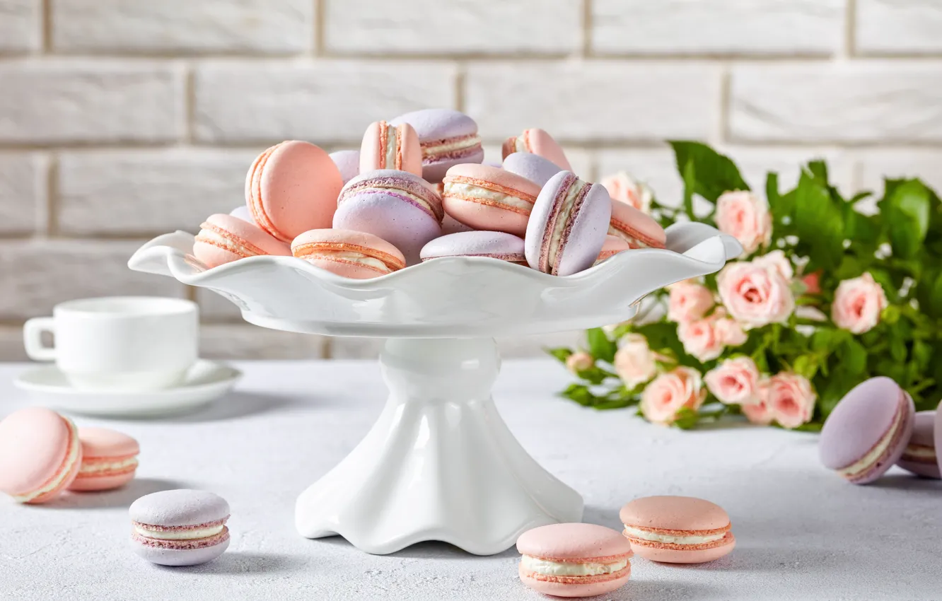 Photo wallpaper roses, bouquet, cookies, pink, French, macaroon, lavender, viewfrommypoint