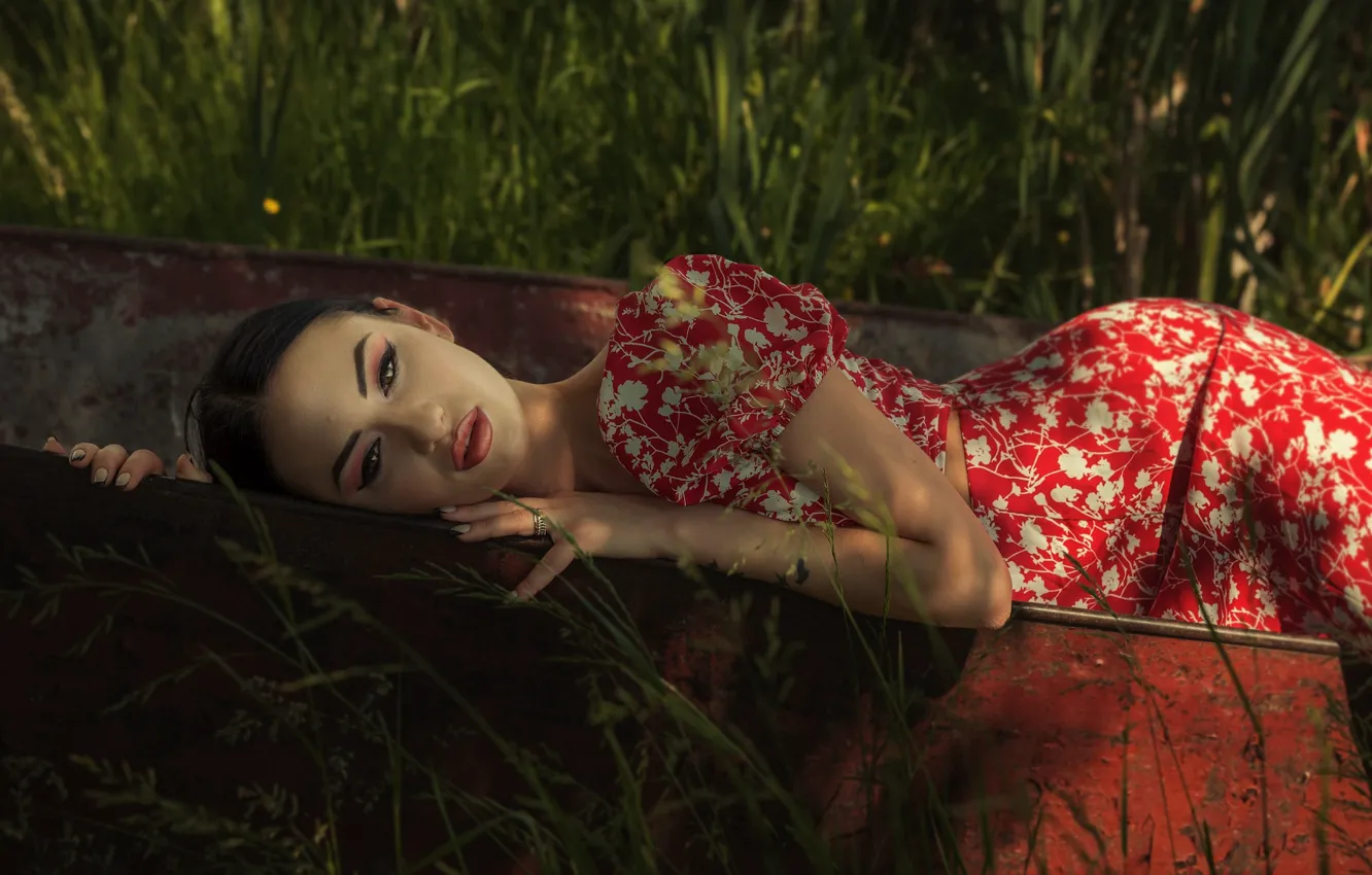 Photo wallpaper grass, girl, pose, boat, makeup, dress, brunette, Maxim Yemelyanov