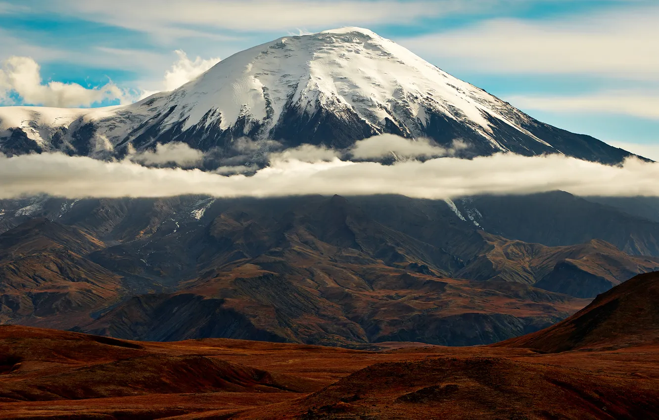 Photo wallpaper mountains, clouds, snow, snowy peak