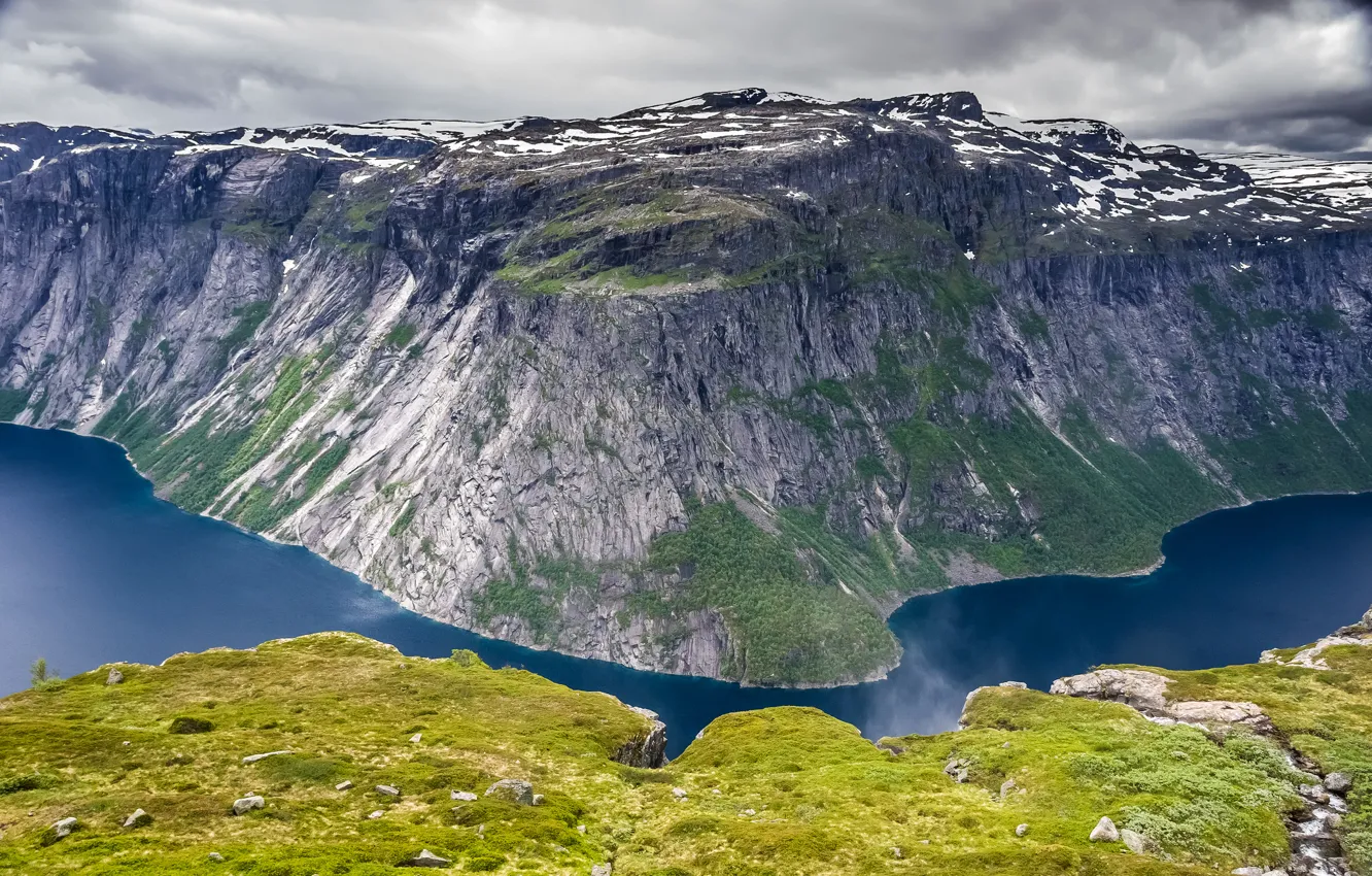 Photo wallpaper the sky, clouds, snow, mountains, lake