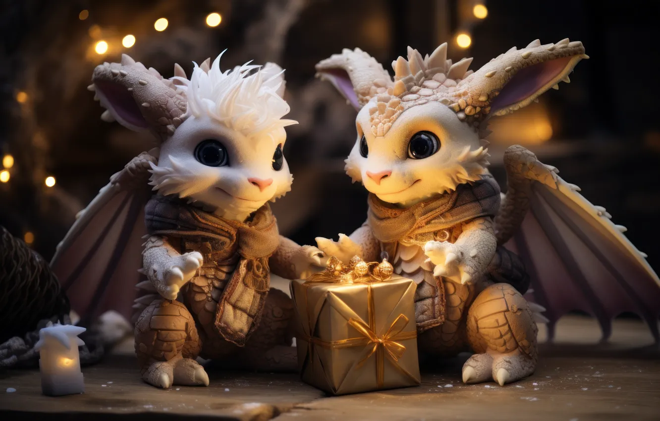 Photo wallpaper light, lights, smile, the dark background, gift, sweetheart, dragon, toy