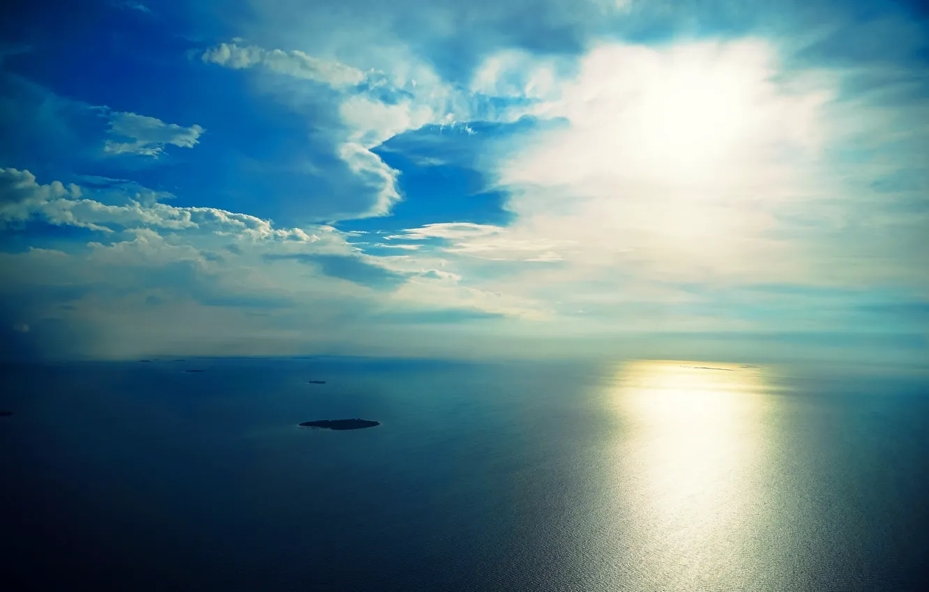 Photo wallpaper the sky, sunrise, the ocean, water surface