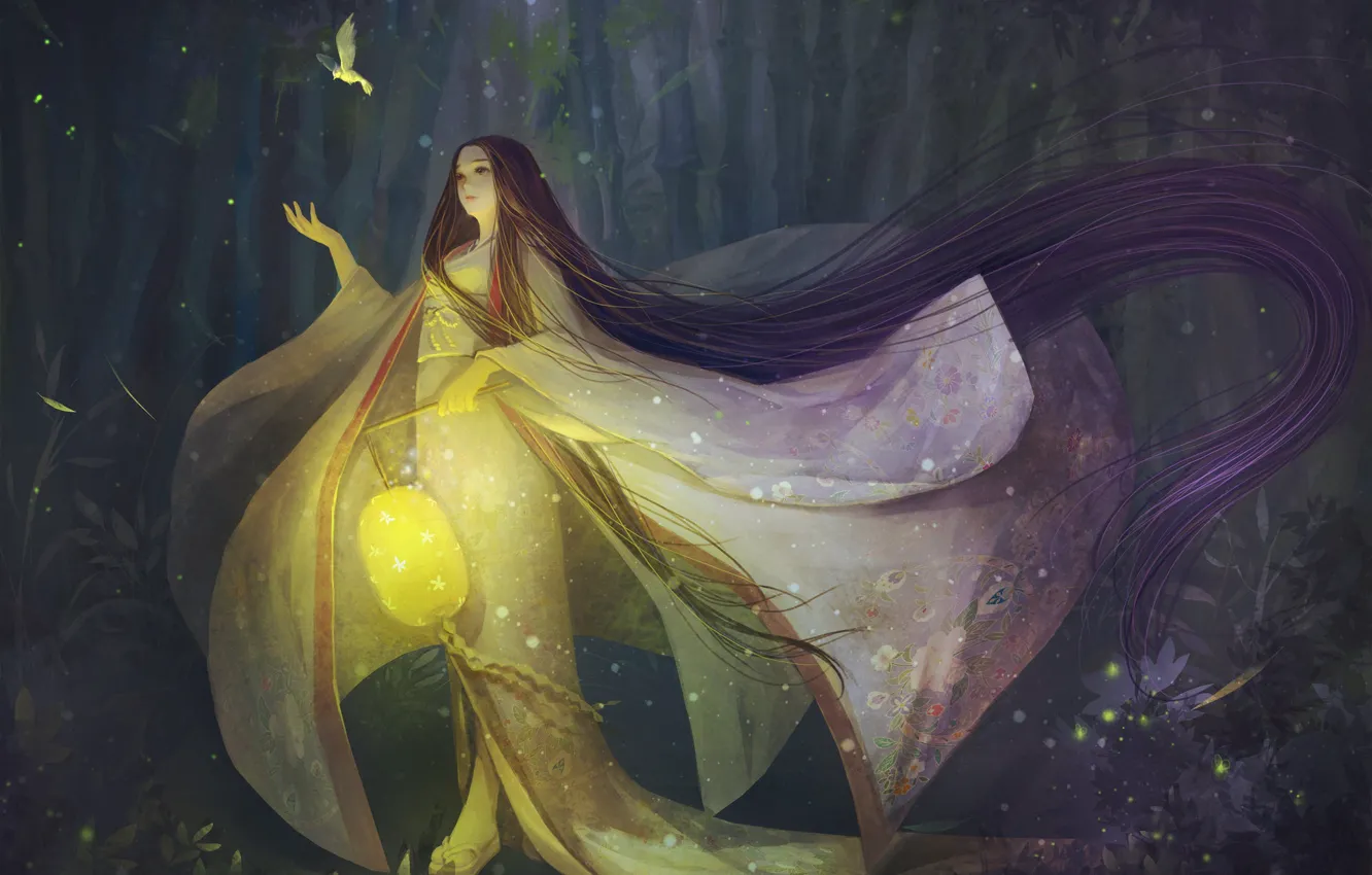 Photo wallpaper forest, magic, art, flashlight, fantasy, bird, illustration, orry lee