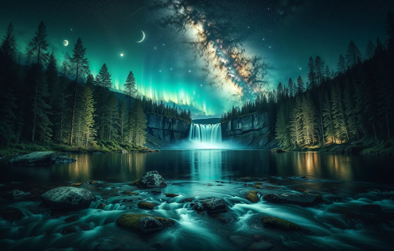 Photo wallpaper the sky, trees, night, waterfall, the milky way, from miva neon