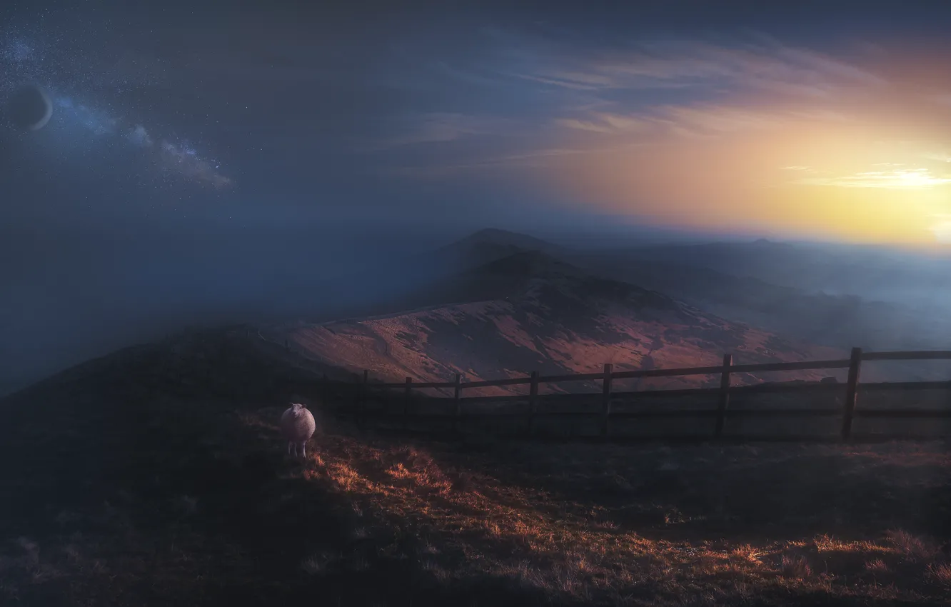 Photo wallpaper the sun, sunset, mountains, the dark background, rendering, dawn, planet, sheep