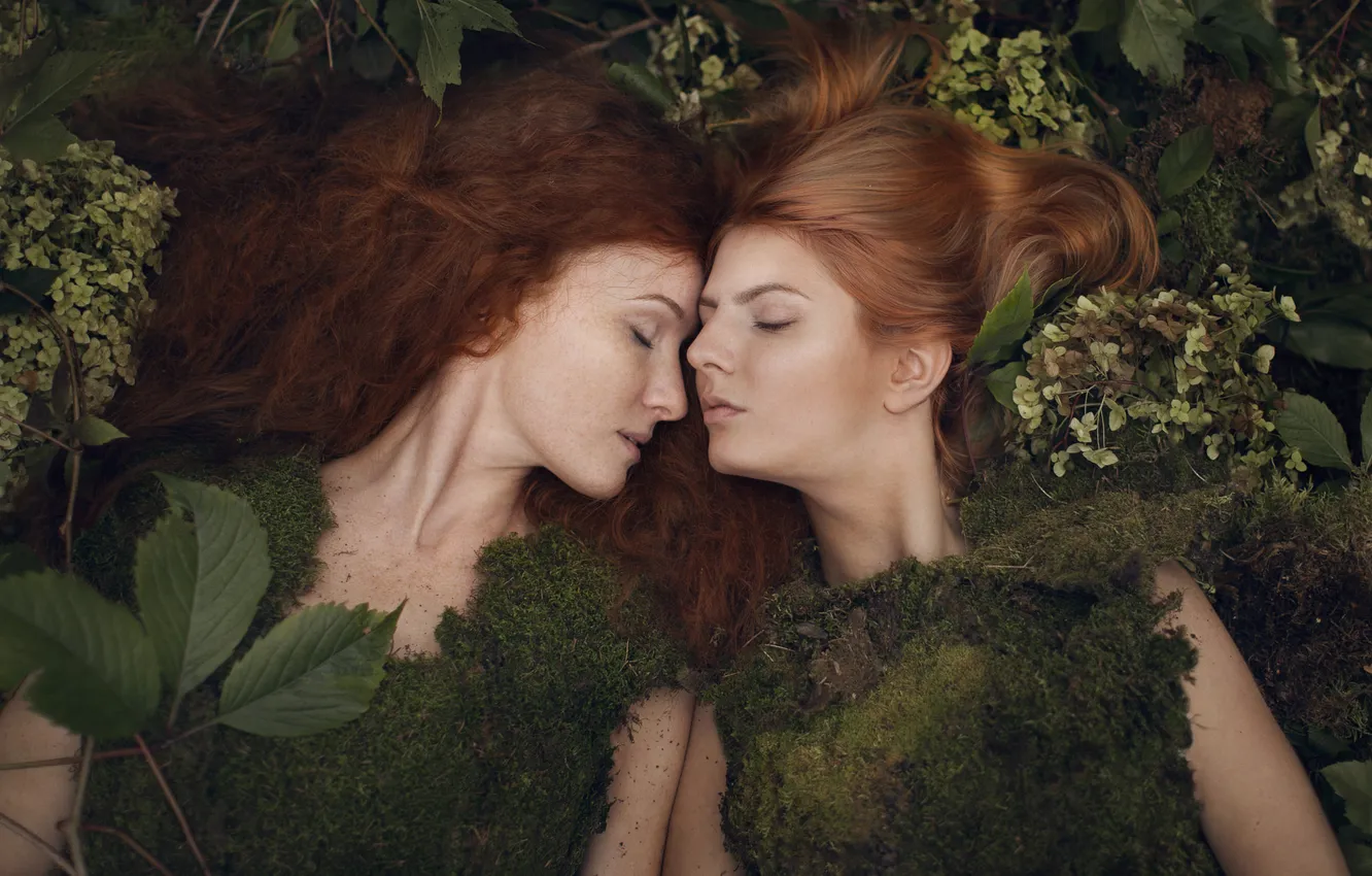 Photo wallpaper greens, leaves, girl, flowers, branches, nature, pose, together