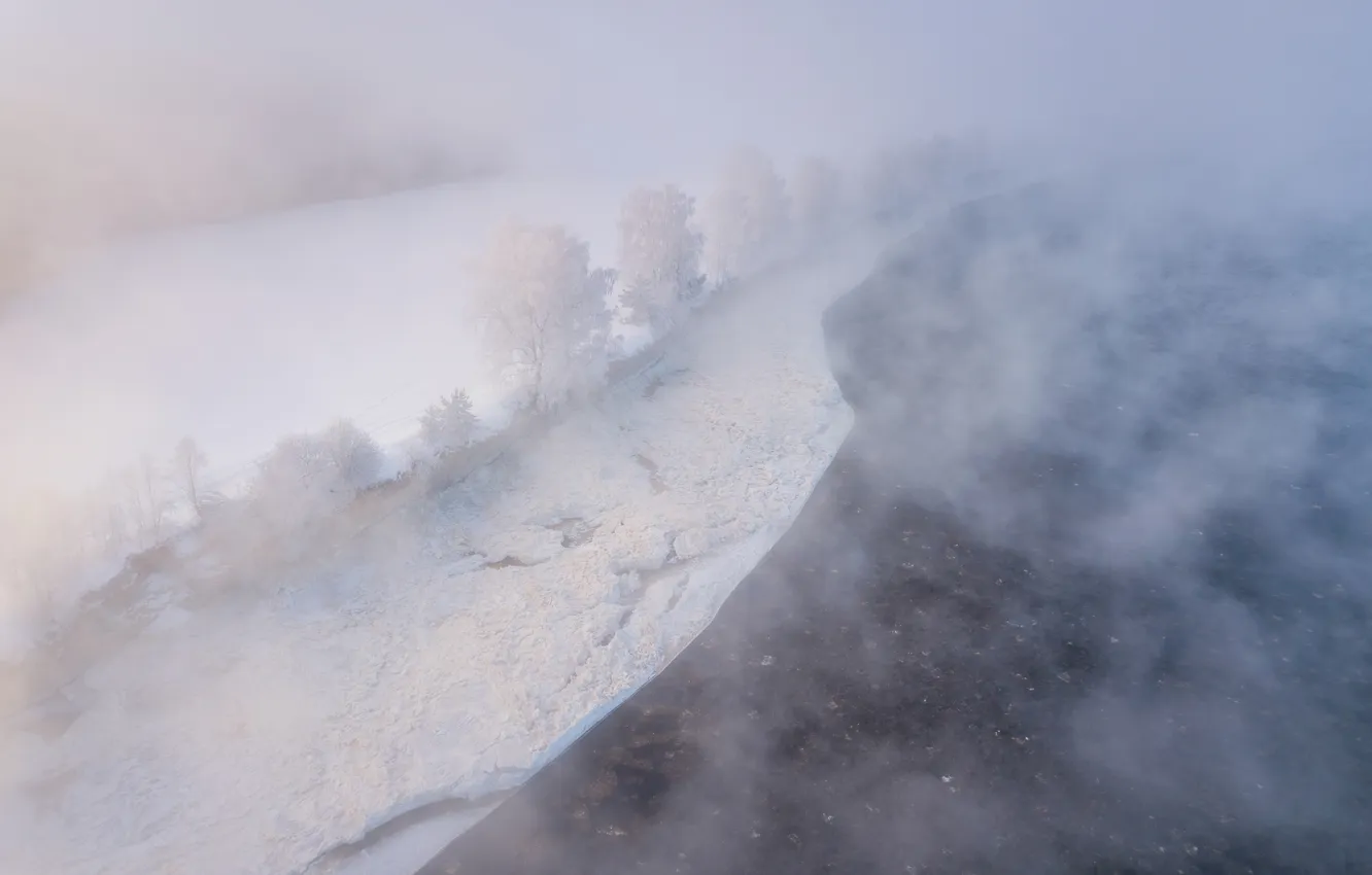 Photo wallpaper shore, Pskov oblast, the Great river, Roman Dmitriev, Above the fog