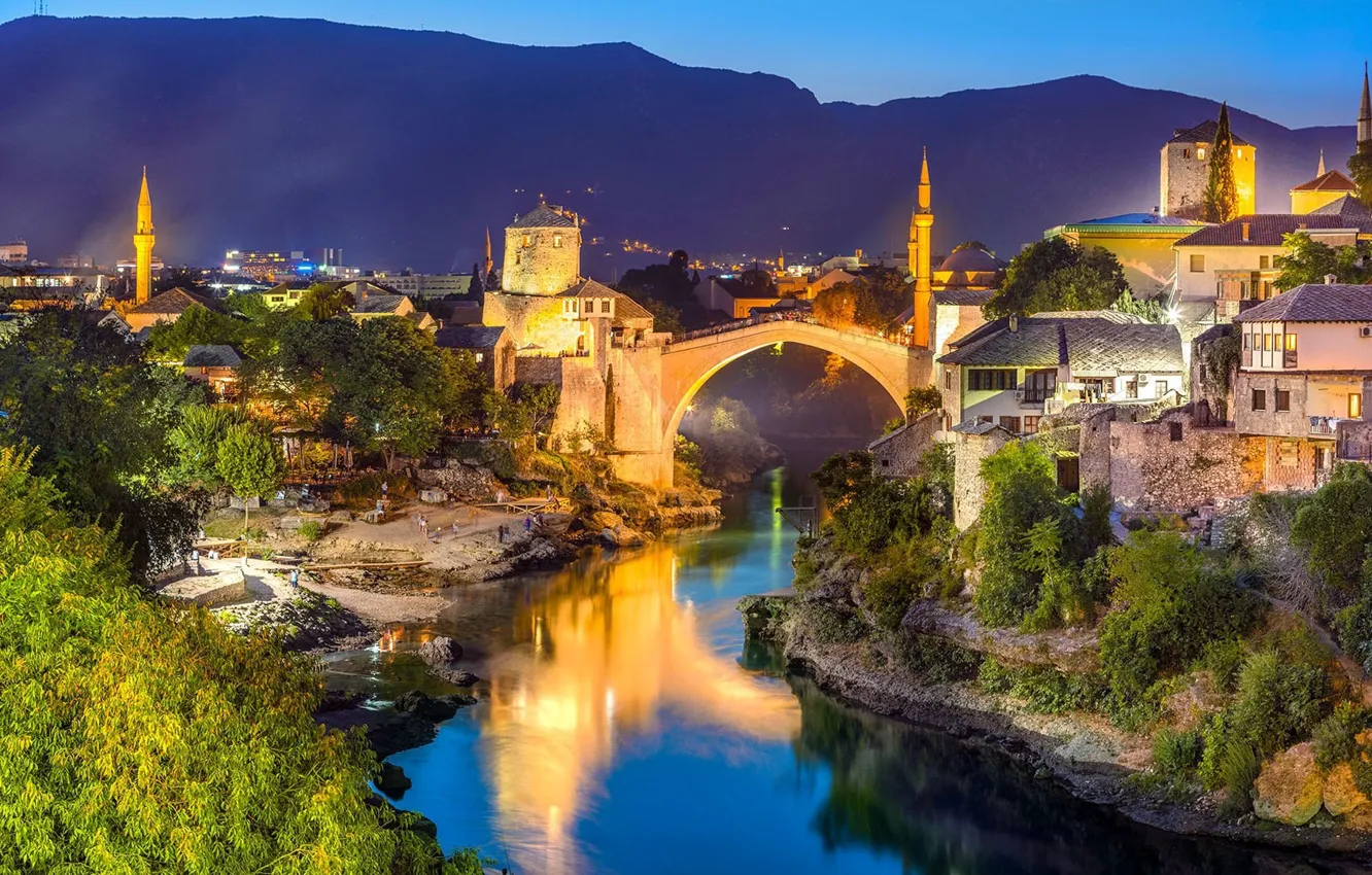 Photo wallpaper the city, river, the evening, lighting, old town, Bosnia and Herzegovina, reconstruction, Mostar