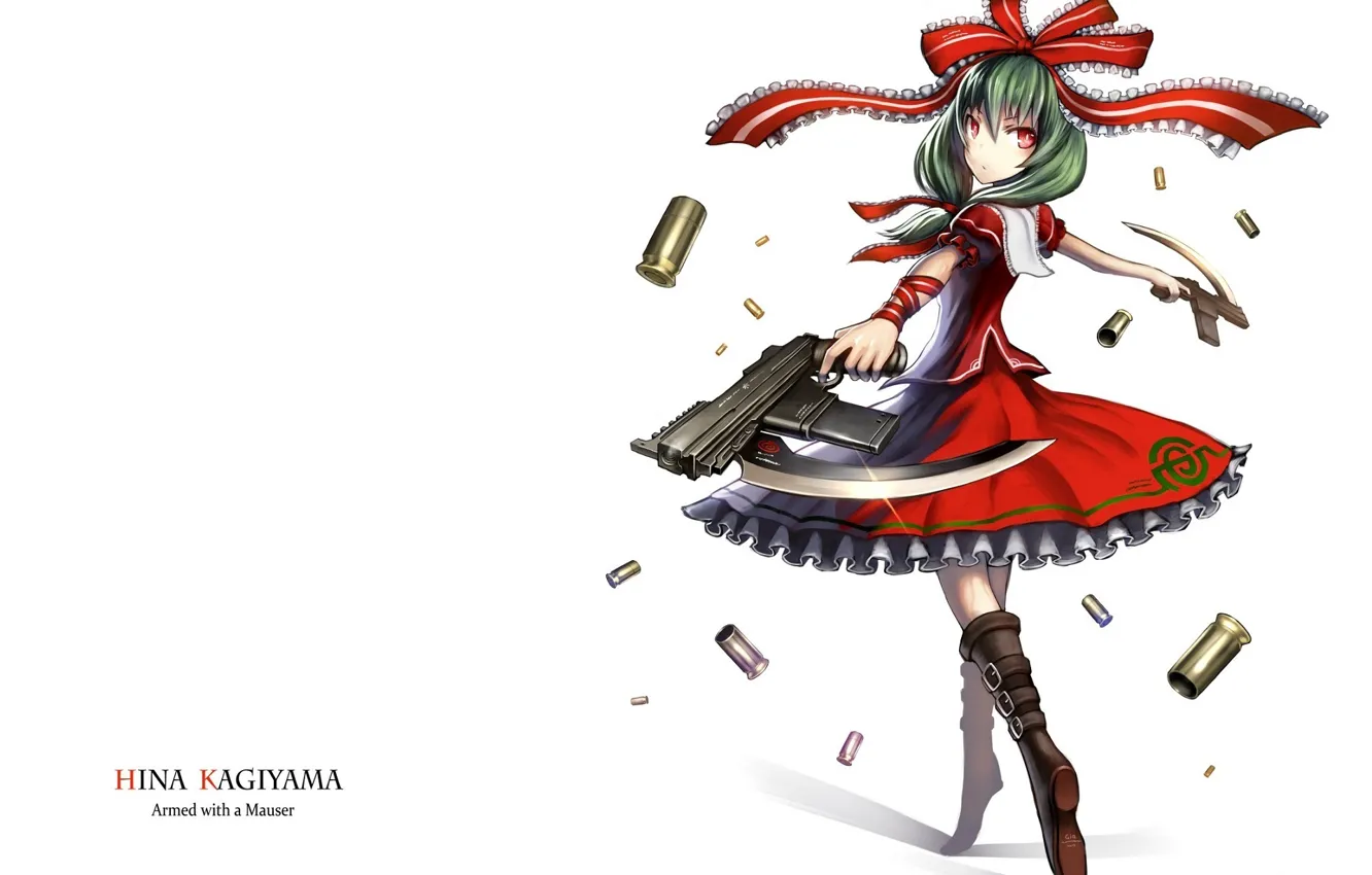 Photo wallpaper boots, blade, machine, white background, bow, green hair, sleeve, Touhou Project