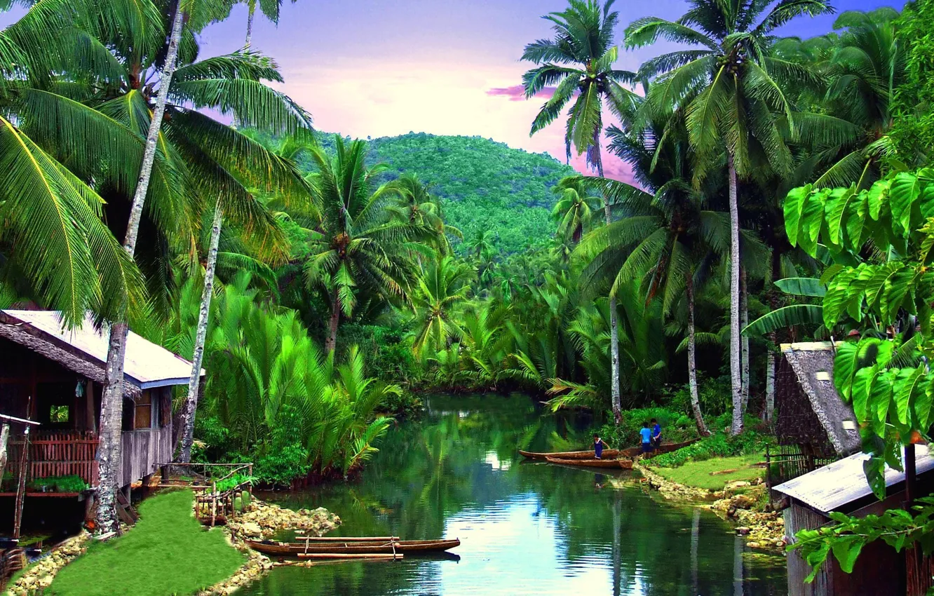 Photo wallpaper tropics, river, palm trees, village, Philippines, Siargo