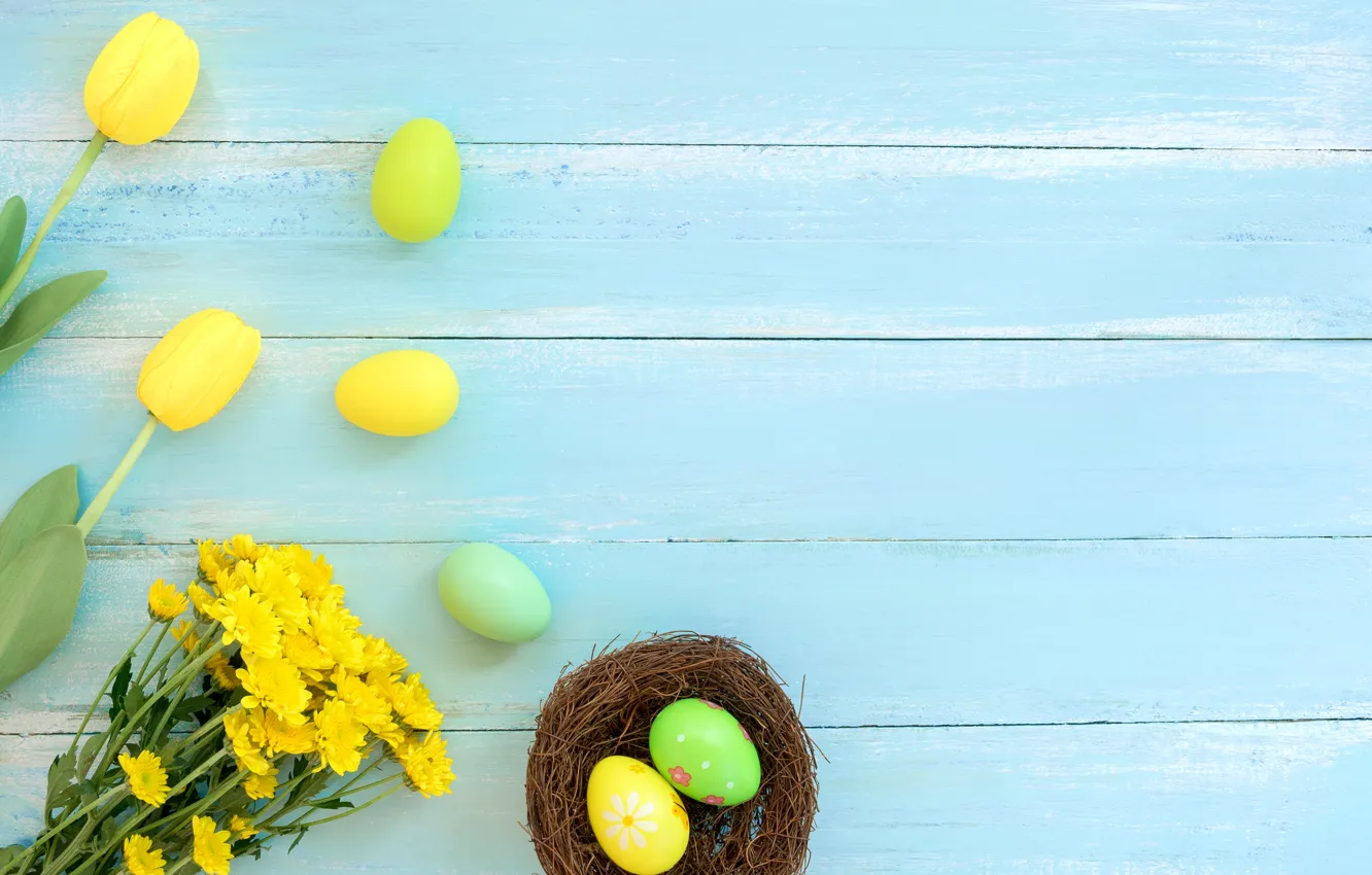 Photo wallpaper flowers, basket, eggs, spring, colorful, Easter, wood, flowers