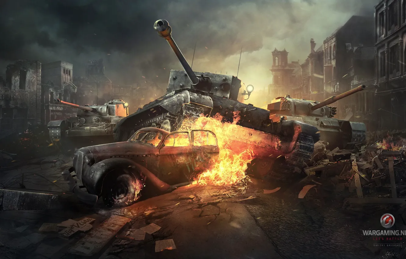 Photo wallpaper the city, flame, war, smoke, tank, British, WoT, World of Tanks